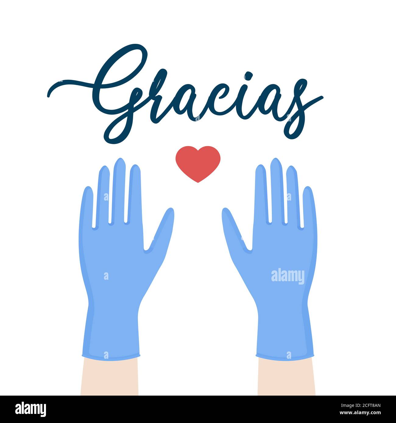 Grazie agli operatori sanitari per la loro lotta contro il coronavirus pandemico. Grazie in spagnolo: 'Gracias'. Mani in su con i guanti medici. Illustrazione Vettoriale