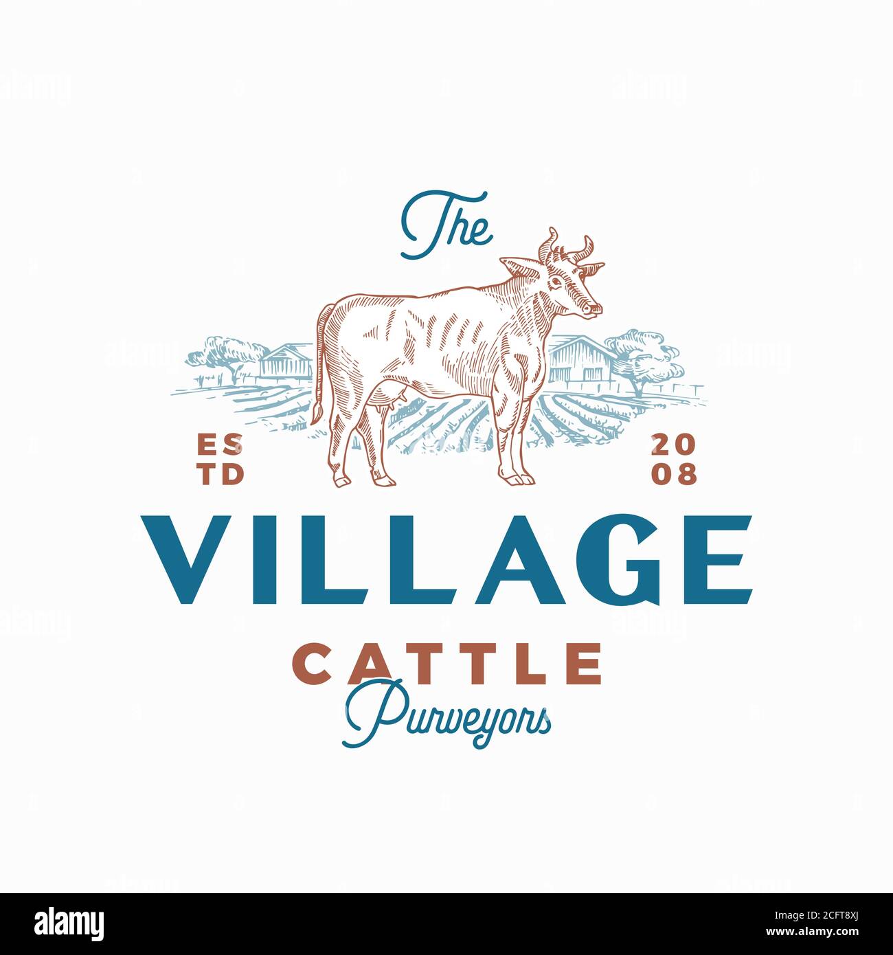 Il simbolo vettoriale, simbolo o modello di logo Village Cattle Abstract Vector. Silhouette di mucca disegnata a mano e paesaggio rurale schizzo con retro Illustrazione Vettoriale