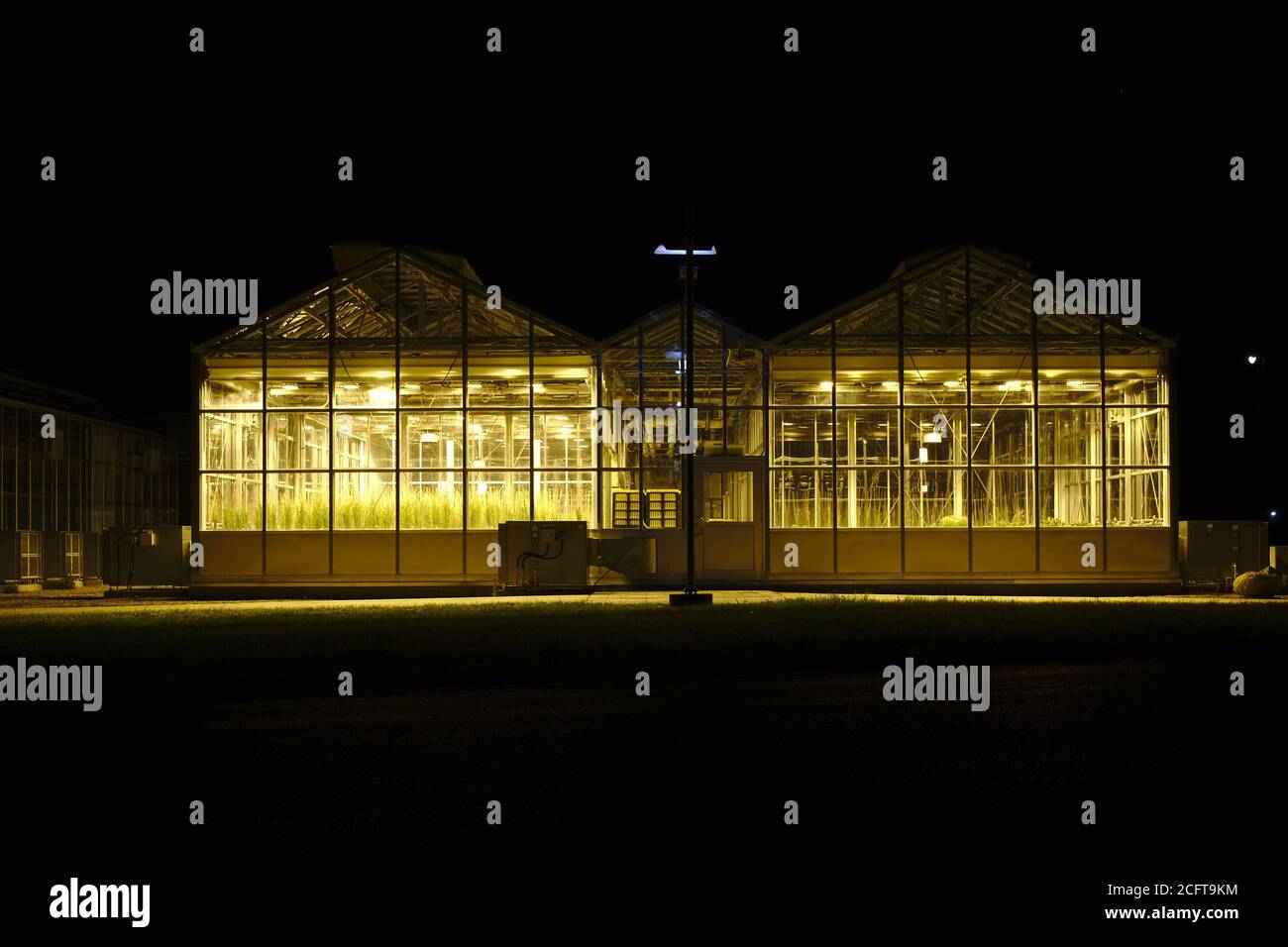 Le serre di ricerca a Agriculture Canada di notte, incandescente in 24 ore di luce del giorno, 960 Carling Avenue, Ottawa, Ontario, Canada. Foto Stock