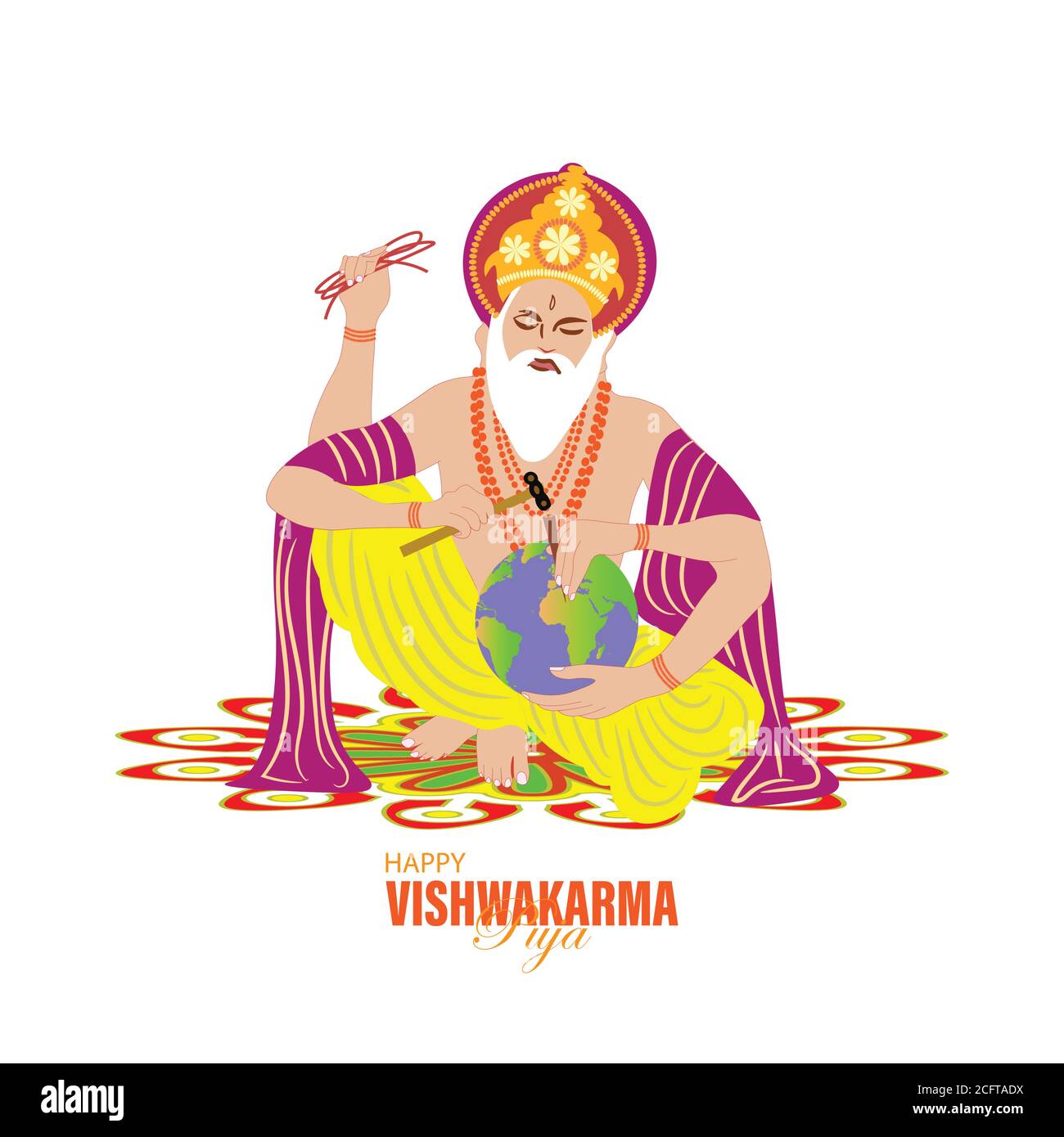 Vishwakarma Dio degli Indù, che si ritiene essere l'architetto dell'universo. Un banner per Vishwakarma Puja. Illustrazione vettoriale. Illustrazione Vettoriale
