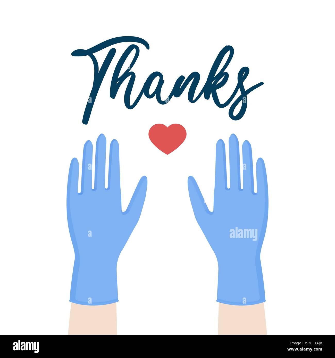 Grazie agli operatori sanitari per la loro lotta contro il coronavirus pandemico. Mani in su con i guanti medici blu. Dispositivi di protezione individuale Illustrazione Vettoriale