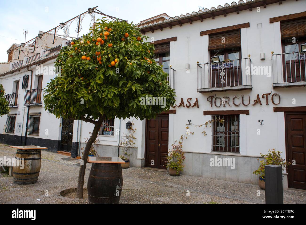 Placeta De Carniceros, El Albaicín, Granada, Andalusia, Spagna: Una graziosa piazzetta con alberi d'arancio nel vecchio quartiere moresco Foto Stock