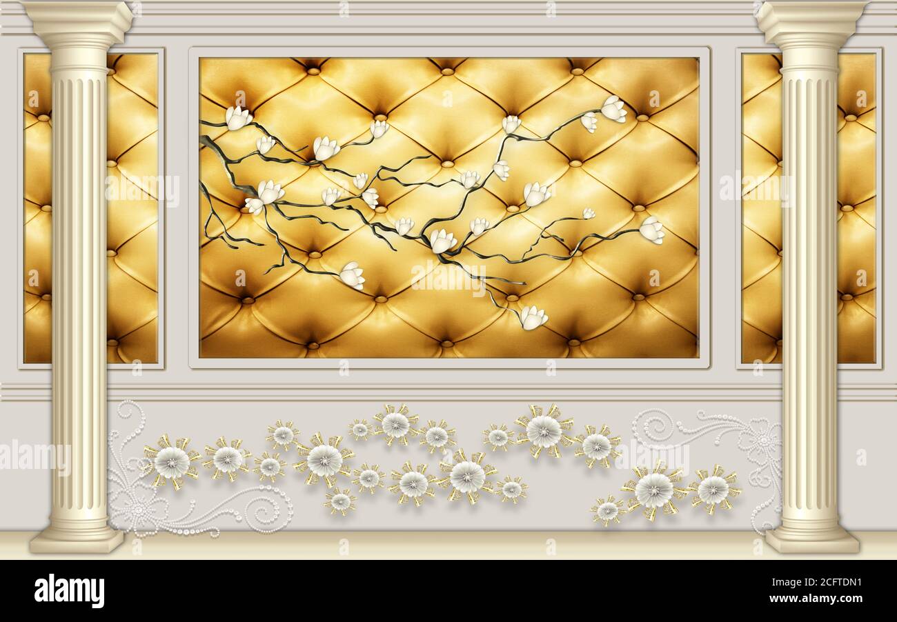 illustrazione 3d murale , parete bianca con cornici dorate e pavone dorato , colonne e pavimento in legno . Foto Stock