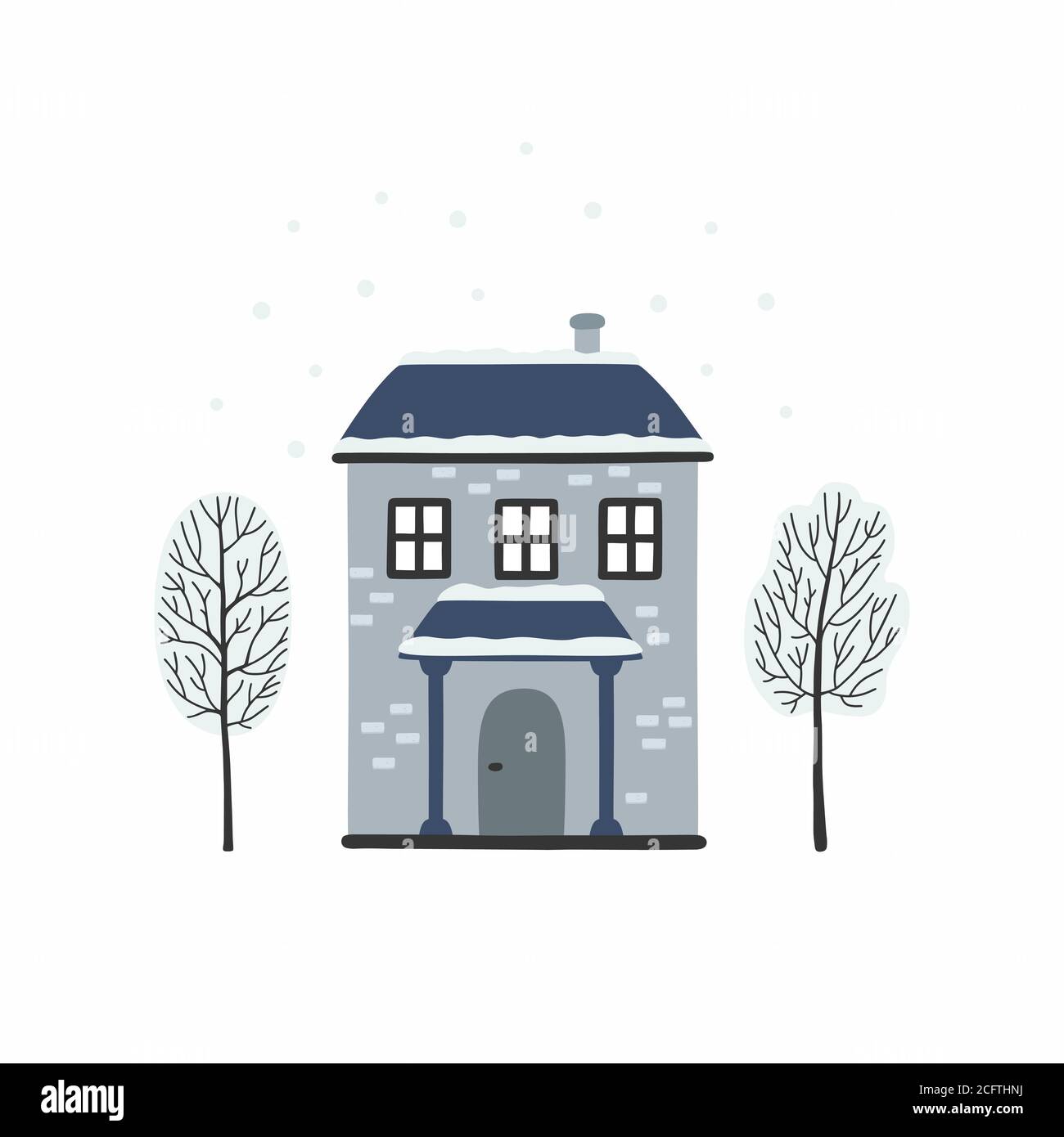 Carta paesaggio urbano invernale con case e alberi. Illustrazione Vettoriale