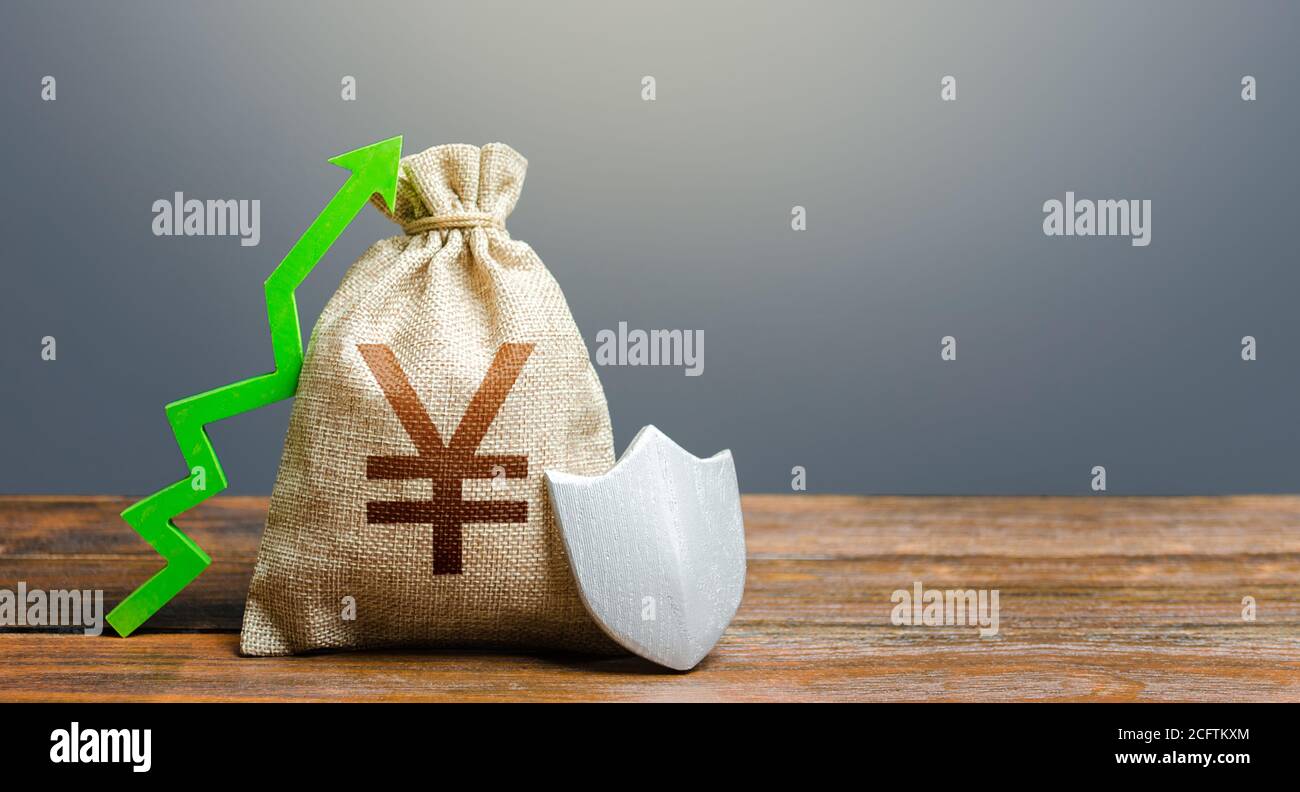 Yen Yuan borsa di denaro con uno scudo e una freccia verde verso l'alto. Sicurezza degli investimenti, stabilità del sistema finanziario. Aumento della quantità massima di tutore Foto Stock