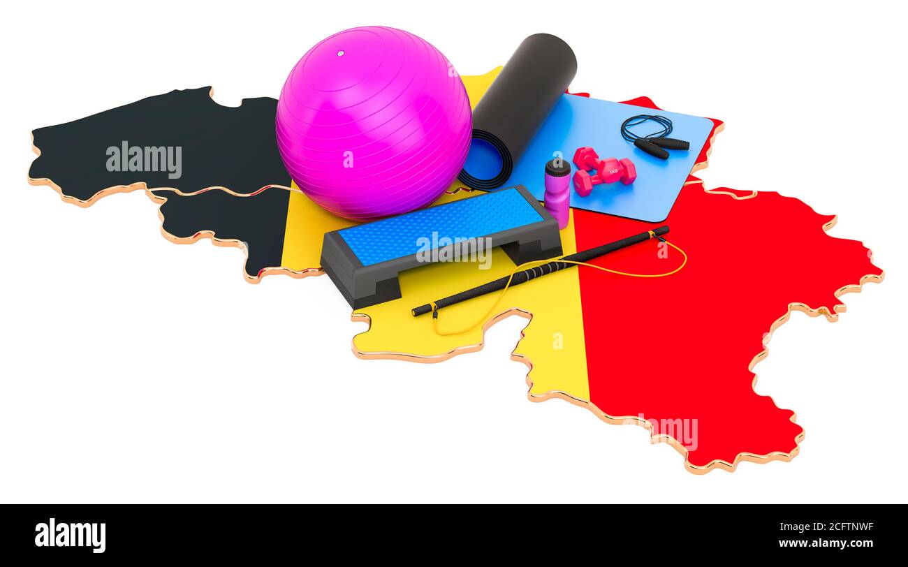 Fitness in Belgio. Attrezzature da palestra su mappa belga. Rendering 3D isolato su sfondo bianco Foto Stock