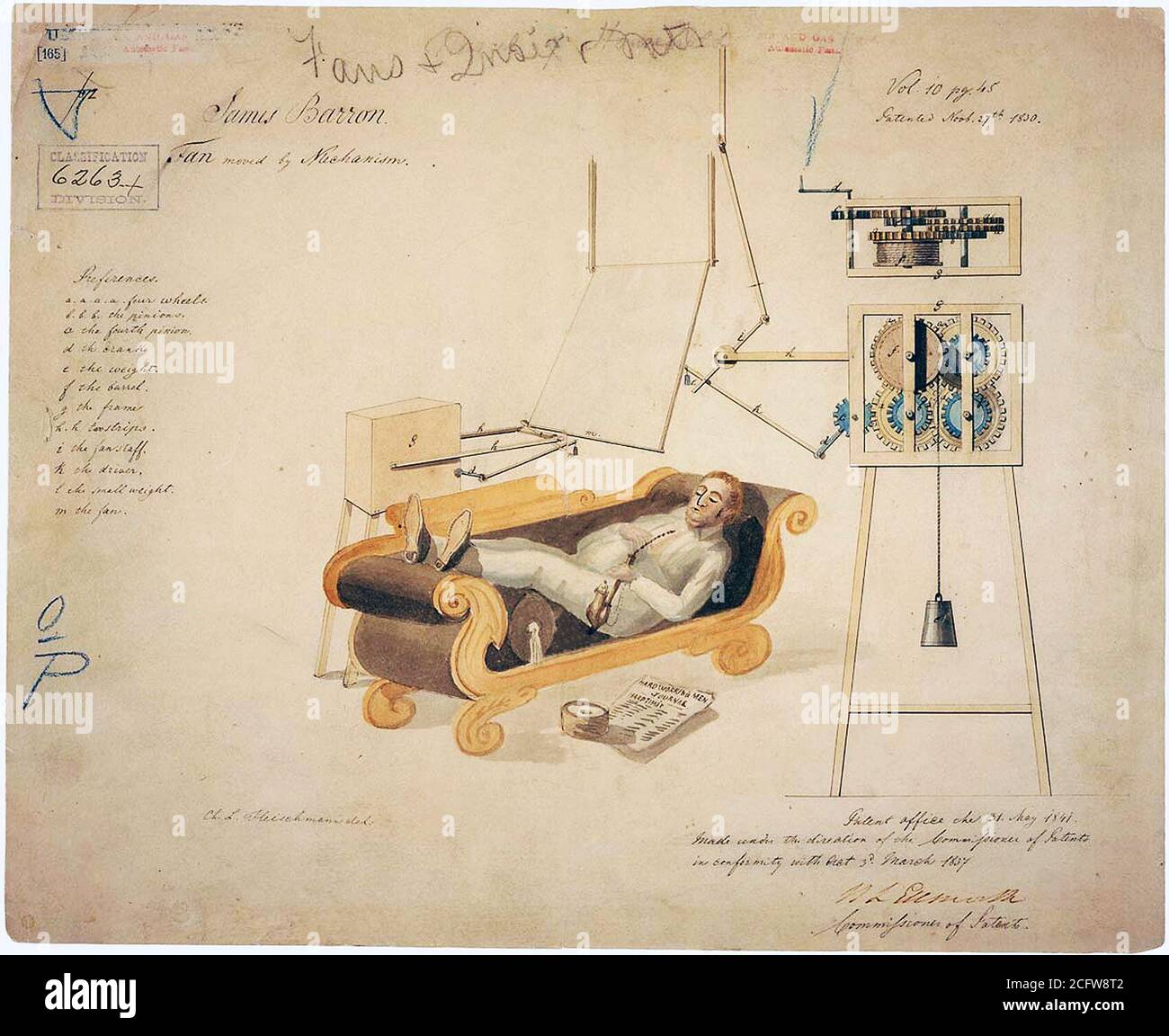 Ventola con meccanismo di disegno di brevetto da James Barron 11/27/1830 Brevetto #6263-X Foto Stock