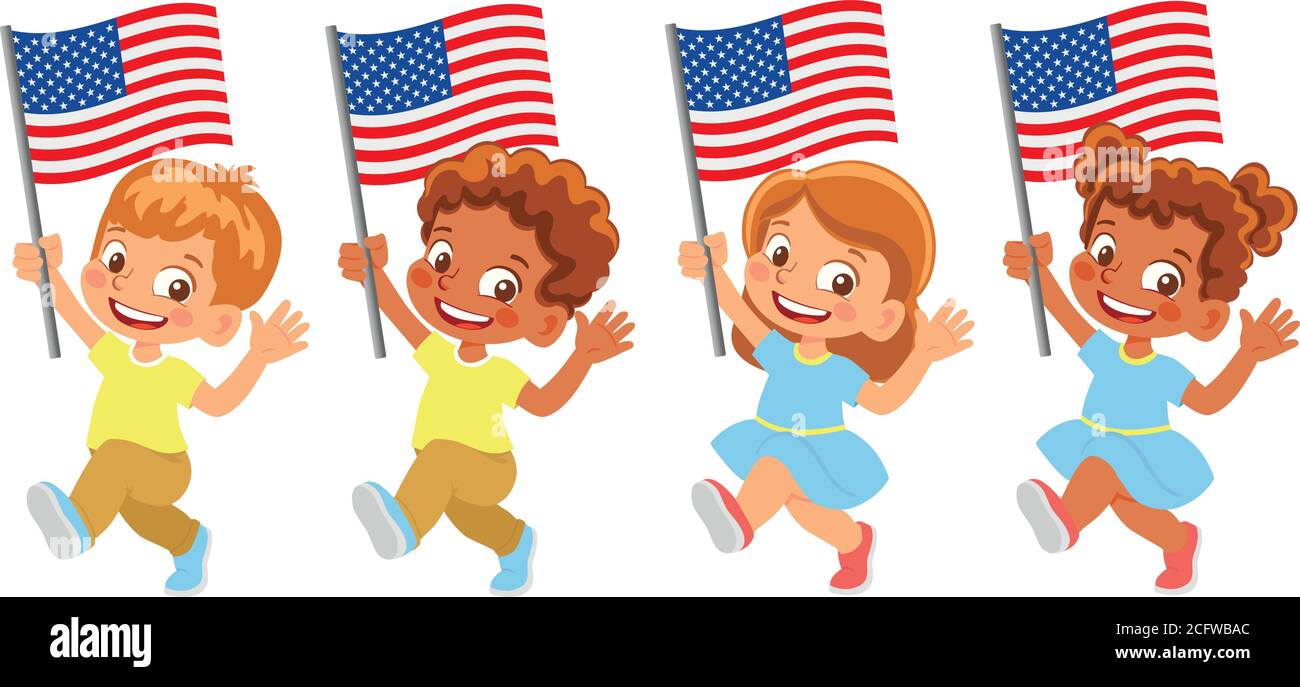 Bandiera degli Stati Uniti d'America in mano. Bambini con bandiera. Bandiera nazionale degli Stati Uniti d'America vettore Illustrazione Vettoriale