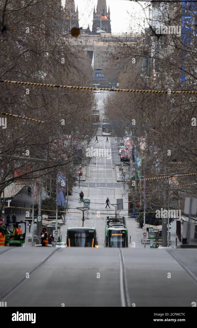 Melbourne Australia, Covid-19 Pandemic. Scene del quartiere centrale degli affari di Melbourne durante il blocco. Foto Stock