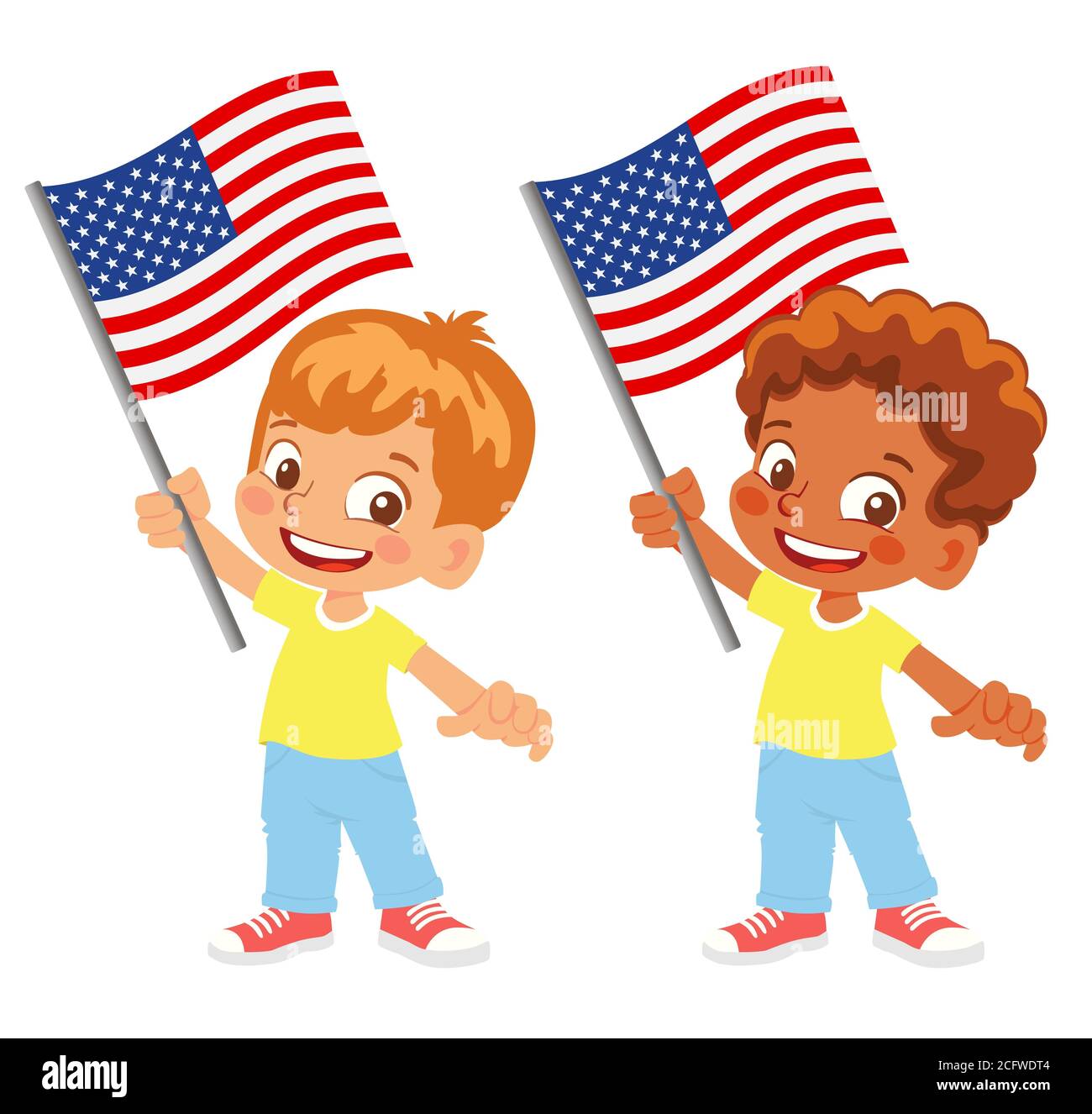 Bandiera degli Stati Uniti d'America in mano. Bambini con bandiera. Bandiera nazionale degli Stati Uniti d'America Foto Stock