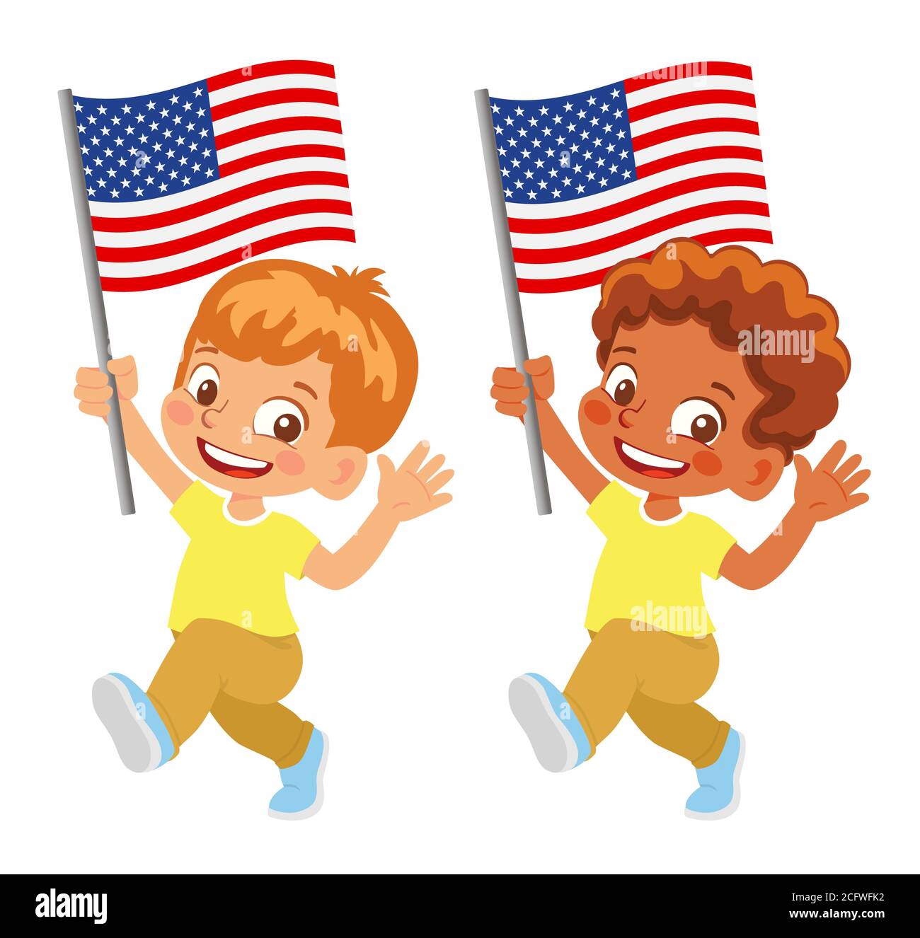 Bandiera degli Stati Uniti d'America in mano. Bambini con bandiera. Bandiera nazionale degli Stati Uniti d'America Foto Stock