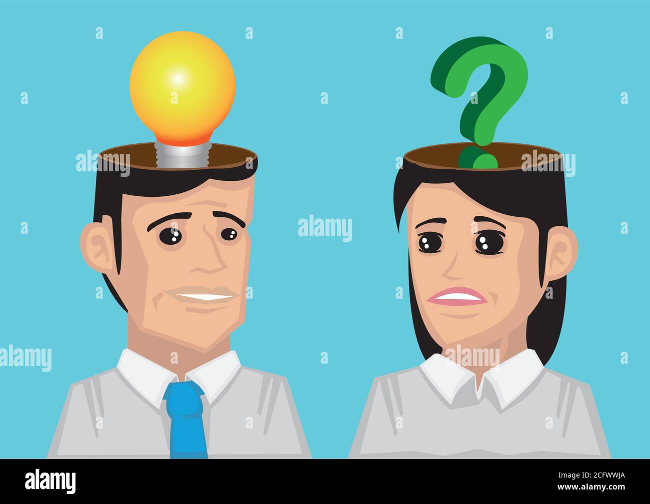 Uomo con bulbo luminoso in testa e donna con punto interrogativo in testa. Illustrazione vettoriale concettuale per la ripartizione della comunicazione. Illustrazione Vettoriale