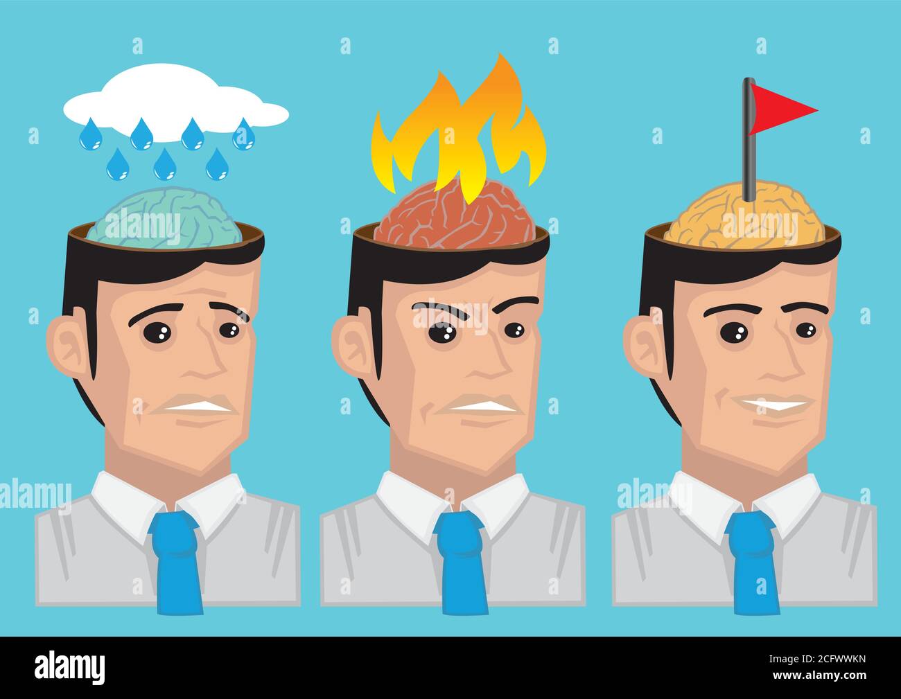 Illustrazione vettoriale cartoon che mostra il cervello dell'uomo moderno in diversi stati emotivi, vale a dire tristezza, rabbia e felice. Illustrazione Vettoriale