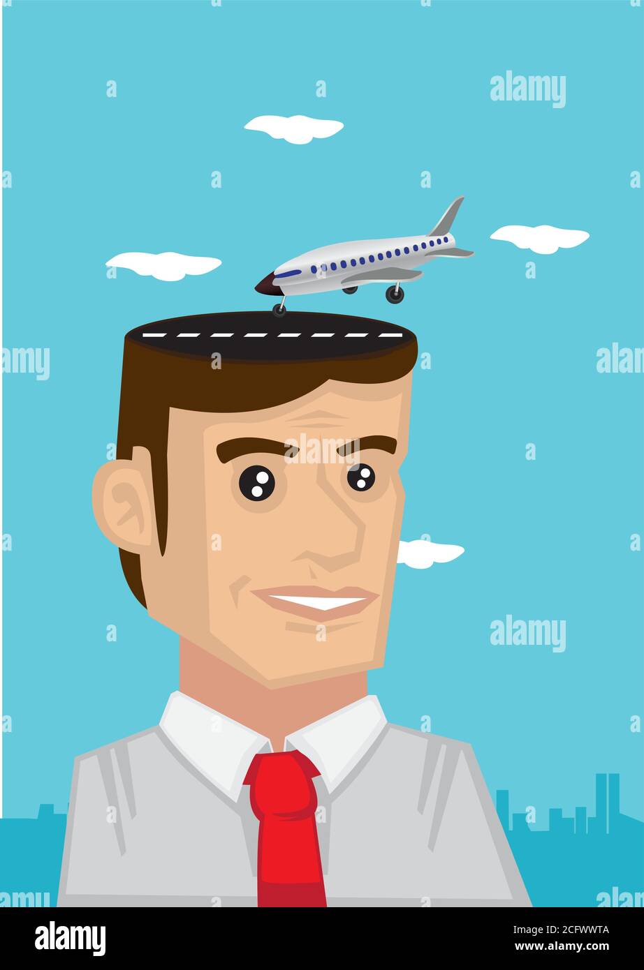 Operaio con l'atterraggio dell'aeroplano sulla sua testa, sognando la vacanza. Illustrazione vettoriale concettuale. Illustrazione Vettoriale