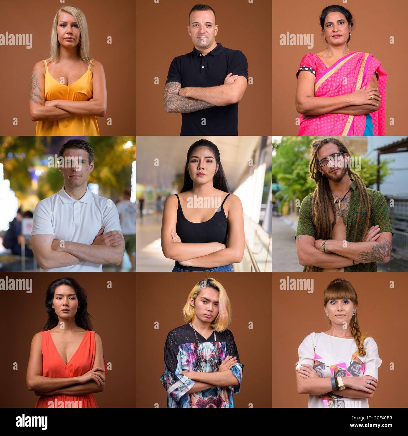 Collage di persone miste con armi incrociate Foto Stock