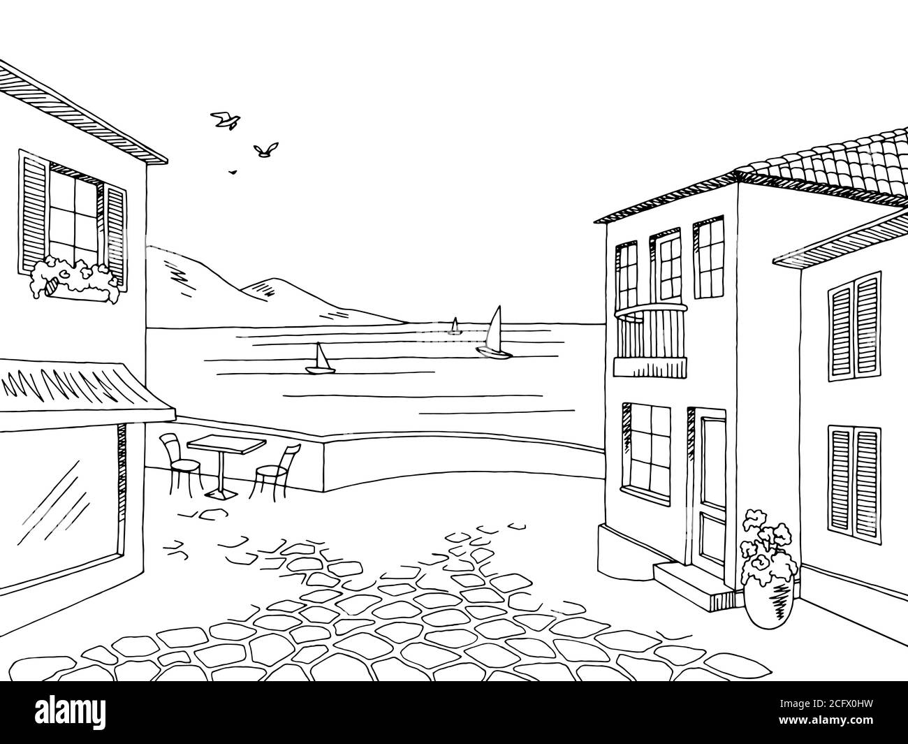 Street Old Town Road grafico bianco nero disegno del paesaggio vettore Illustrazione Vettoriale