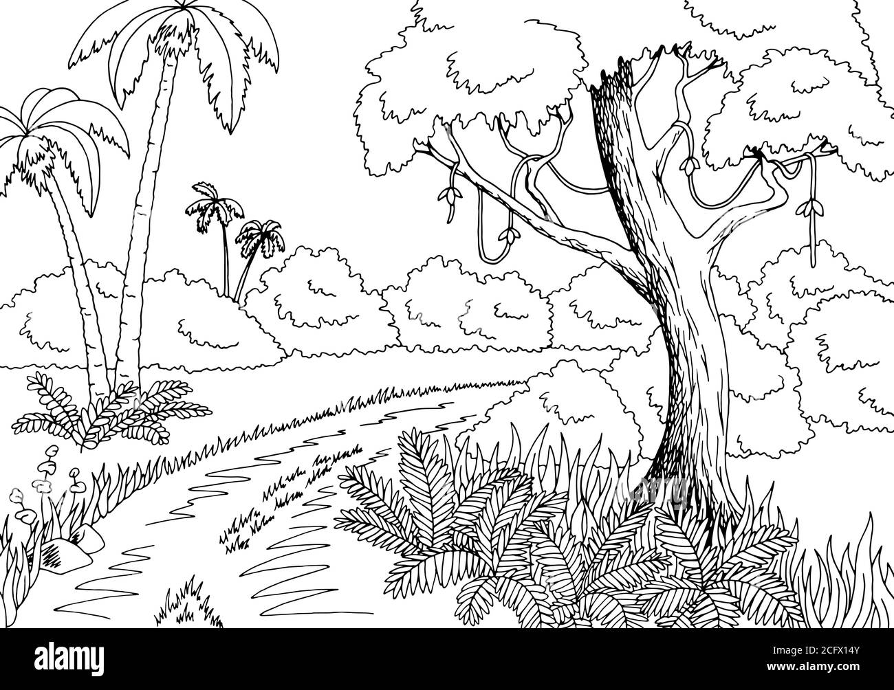 Jungle Road grafica nero bianco disegno paesaggio vettore illustrazione Illustrazione Vettoriale