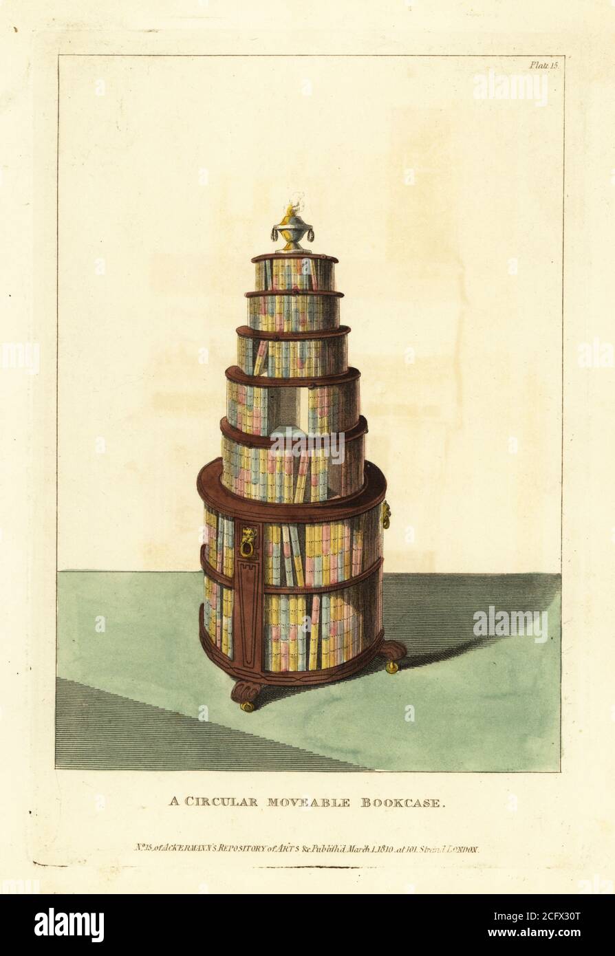 Una libreria circolare mobile, 1810. Una torre cilindrica per libri su ruote, con ripiani per libri in foglio, quarto, ottavo sormontati da un vaso. Tutti i ripiani sui rulli girano in modo indipendente. Progettato da Benjamin Crosby, prodotto da Thomas Morgan e Joseph Sanders, Catherine Street, Strand. Incisione a mano su copperplate dal repository di Upholsterer e Cabinet-Maker, composta da settantasei disegni di mobili moderni e alla moda, Rudolph Ackermann, Londra, 1830. Foto Stock