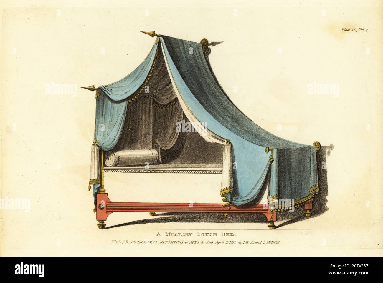 Divano letto militare, 1811. Mobili metamorfici che possono essere utilizzati sia come divano che come letto, decorati con drappeggi frangiati appesi a lance dorate. Incisione a mano su copperplate dal repository di Upholsterer e Cabinet-Maker, composta da settantasei disegni di mobili moderni e alla moda, Rudolph Ackermann, Londra, 1830. Foto Stock