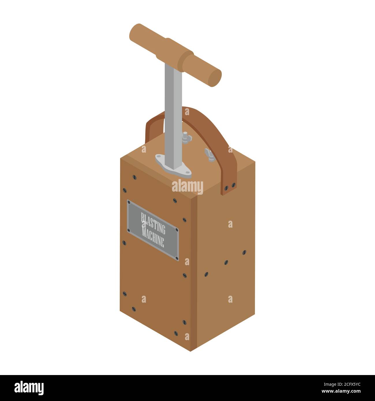 Scatola detonatore. Macchina di brillamento isolata su sfondo bianco. Attenzione esplosiva. Scatola del pistone del detonatore Illustrazione Vettoriale