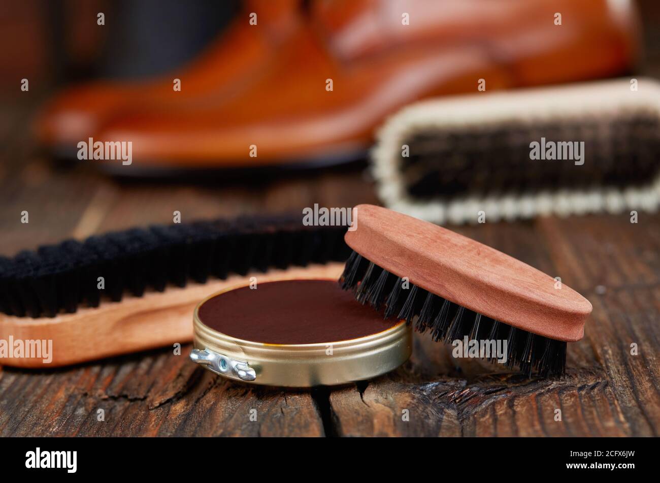 Prodotti per la cura delle scarpe Foto Stock