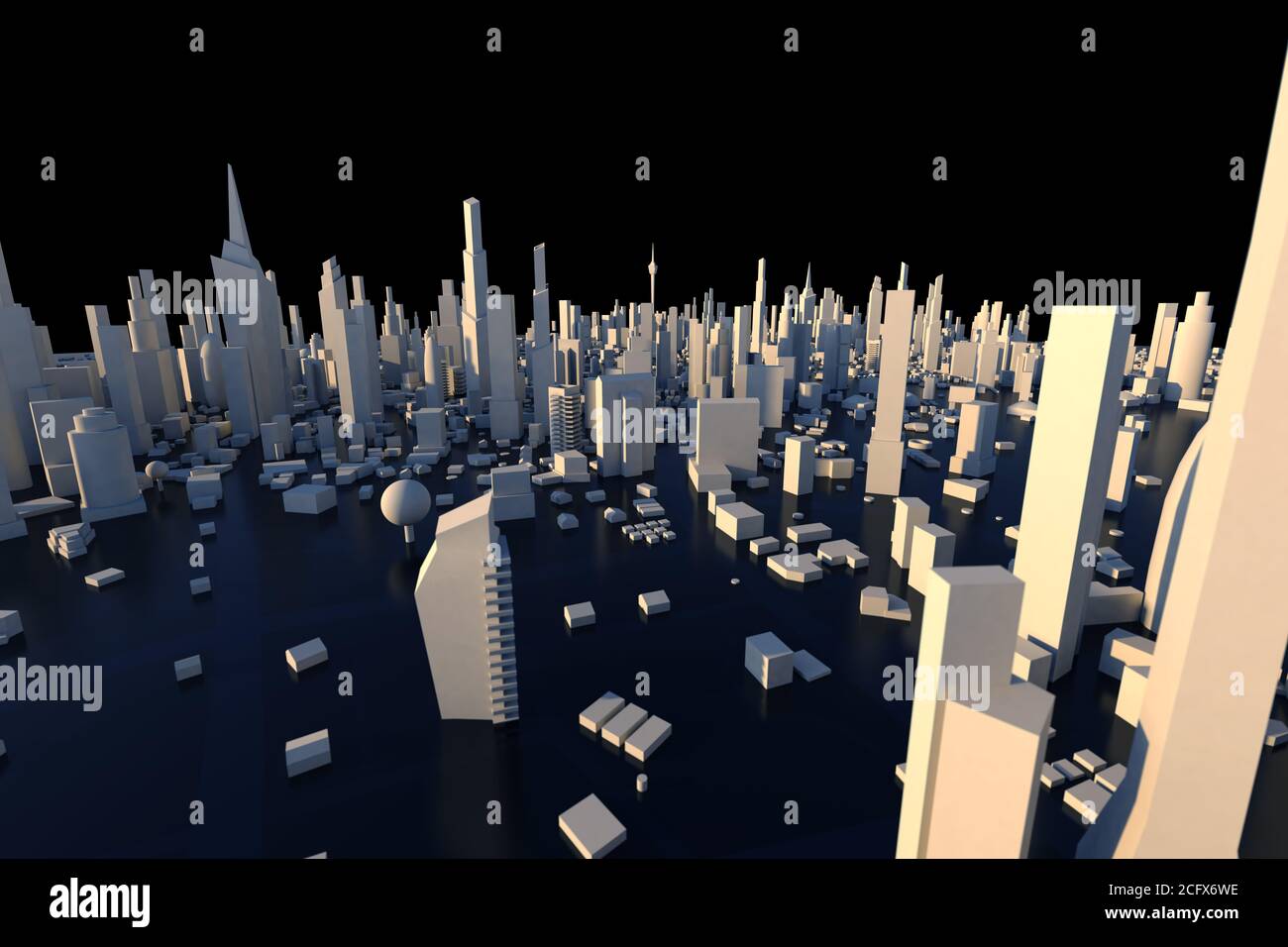 3D rendering di città bianca, paesaggio urbano con casa e strada con effetto di profondità di campo poco profonda Foto Stock