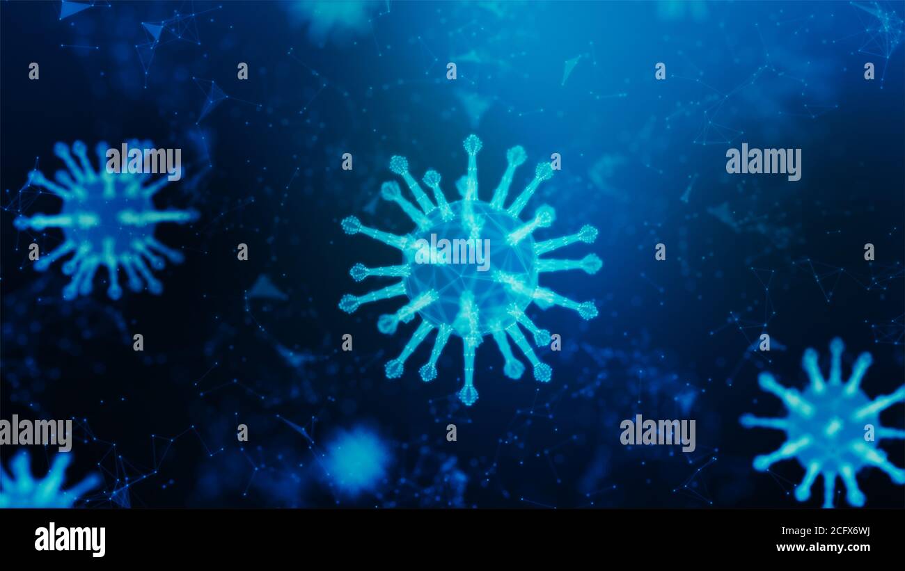 3D rendering wireframe virus for Covid-19 Coronavirus focolaio, virus 2019-ncov influenza focolaio, 3D medico di cellule galleggianti del virus influenzale in Foto Stock