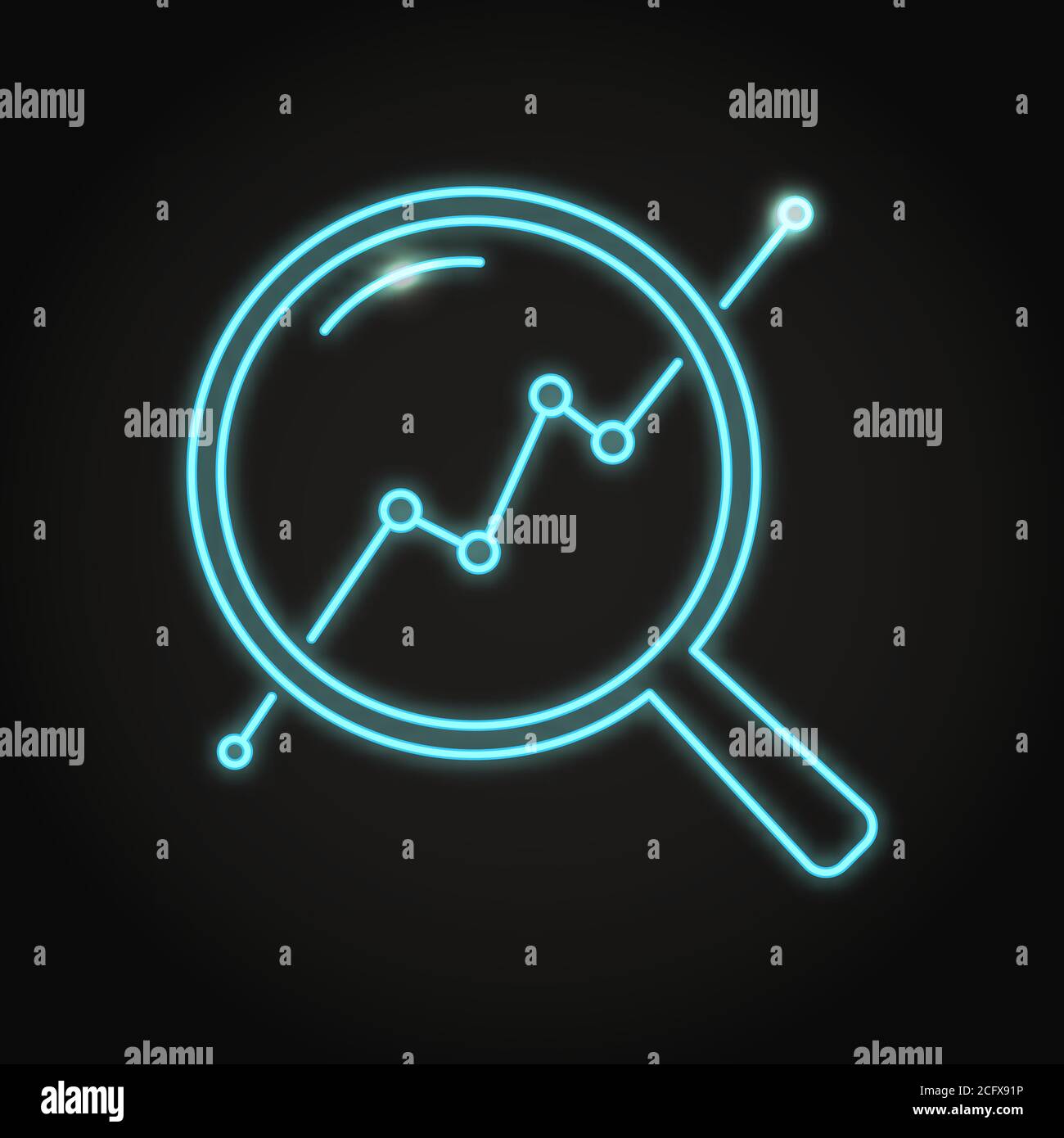 Icona di monitoraggio dell'avanzamento in stile linea neon. Simbolo di controllo dati. Lente di ingrandimento e grafico a linee. Illustrazione vettoriale. Illustrazione Vettoriale