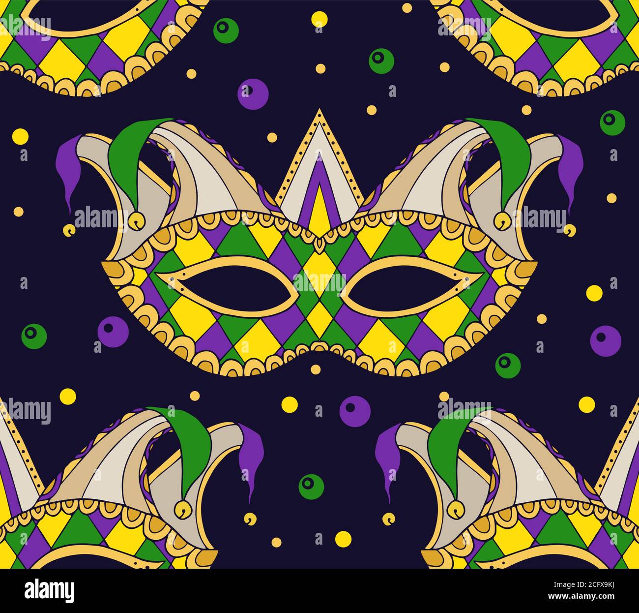 Modello festivo senza cuciture con maschere. Texture vettoriale sulla vacanza Mardi Gras per la vostra creatività Illustrazione Vettoriale