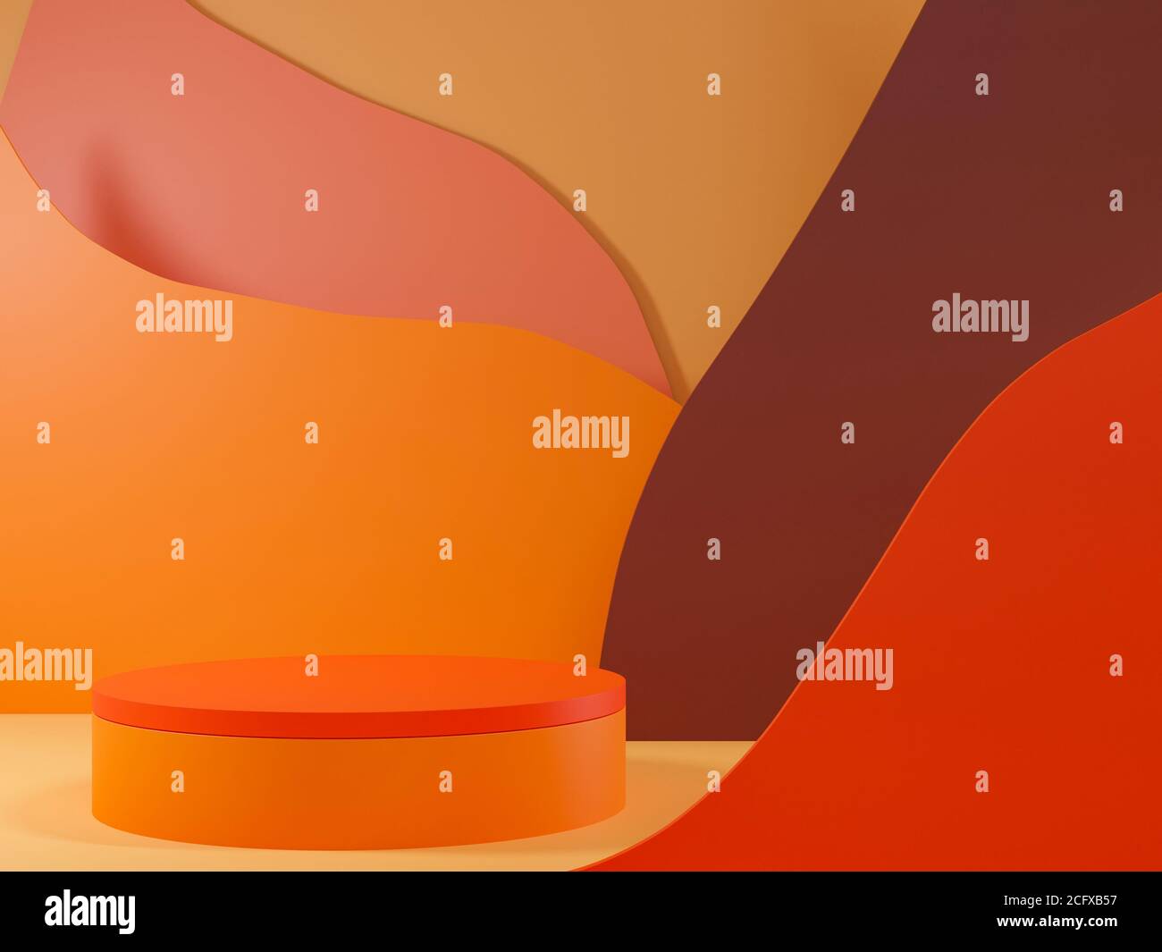 podio cilindrico arancione vuoto con rendering 3d con forma geometrica come sfondo e primo piano. Design minimalista astratto. Foto Stock