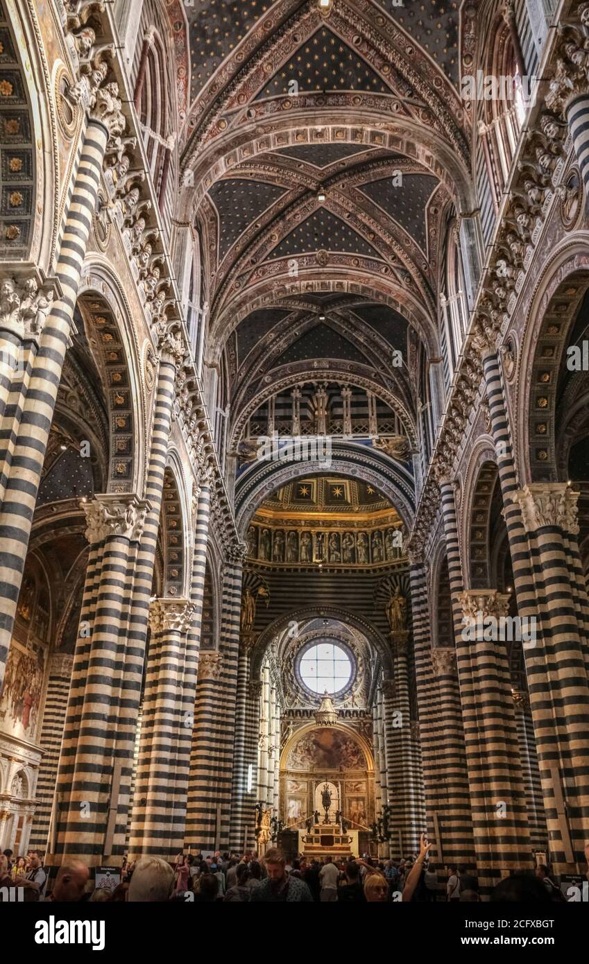 L'interno della Cattedrale di Siena con la lunga navata che conduce all'altare, strisce di marmo bianco e nero su pareti e colonne e un tetto a volta,... Foto Stock