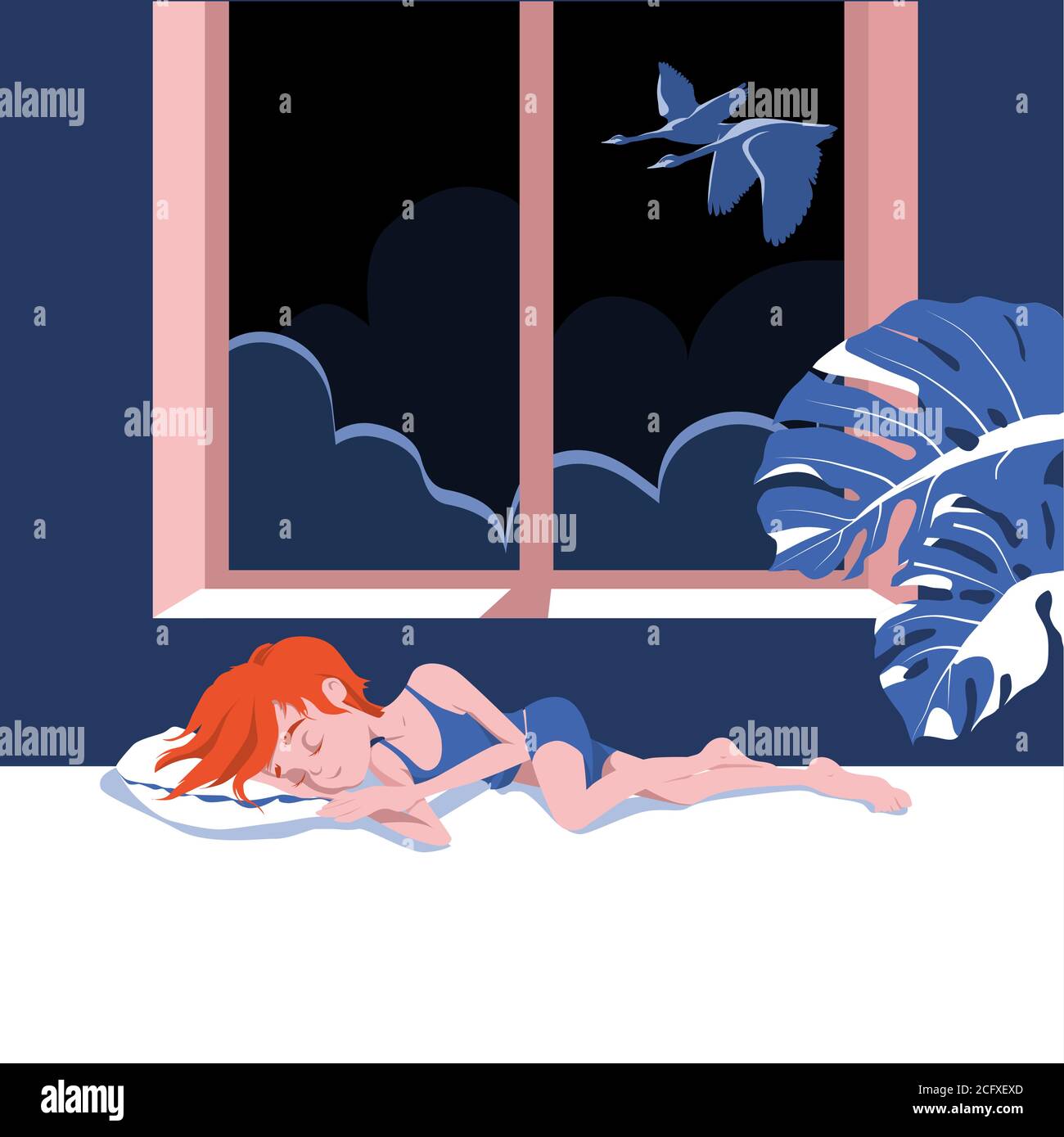 Una ragazza carina dai capelli rossi dorme in un letto vicino alla finestra. Illustrazione del vettore di carattere dolce del fumetto del sogno Illustrazione Vettoriale