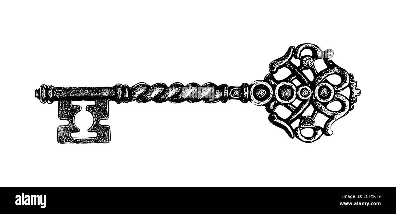 Chiave antica disegnata a mano. Stile di schizzo di una chiave vintage su sfondo bianco. Illustrazione del vecchio design. Vettore. Illustrazione Vettoriale