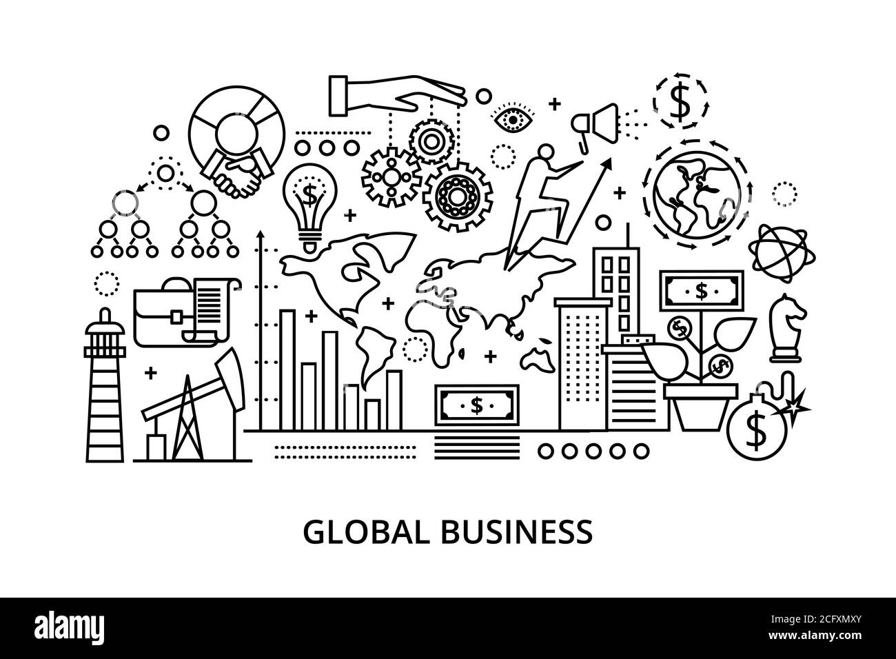 Illustrazione vettoriale di design piatto e sottile, concetto di processo aziendale globale e successo finanziario nel mondo, per grafica e web design Illustrazione Vettoriale