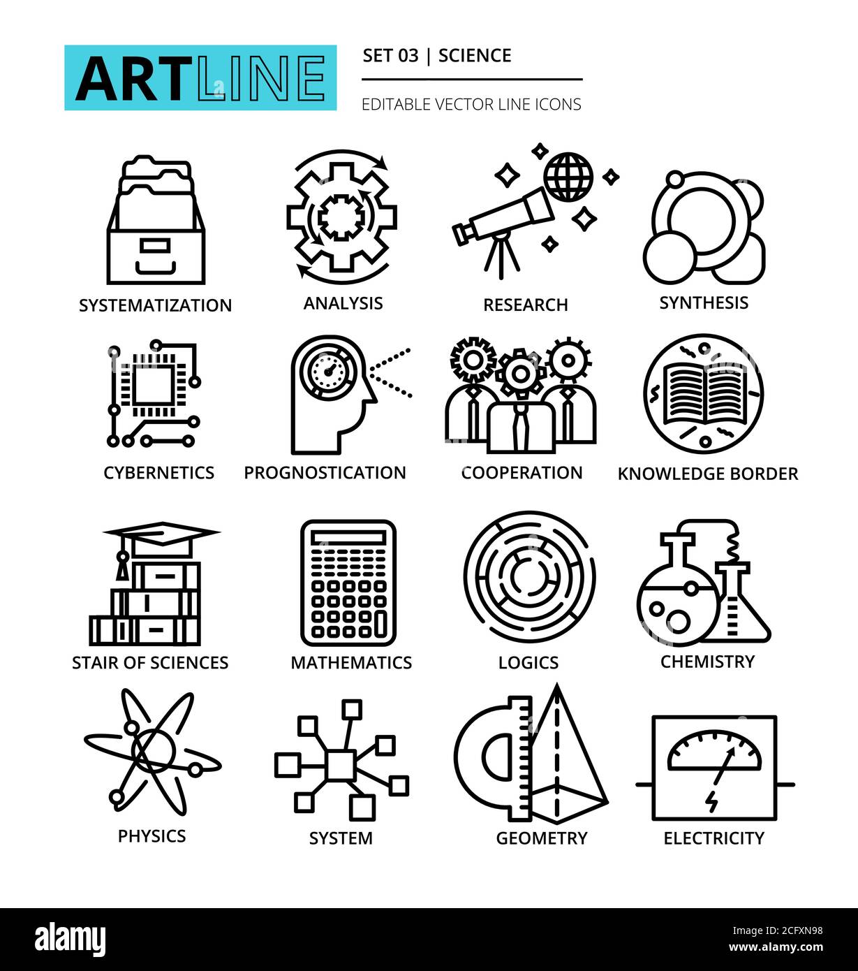 Moderna illustrazione vettoriale a linee modificabile, set di icone scientifiche, per grafica e web design Illustrazione Vettoriale