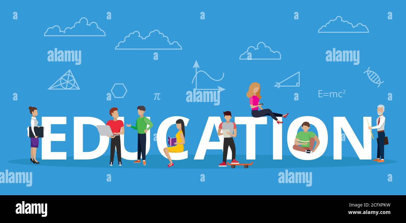 Illustrazione vettoriale dal design moderno e piatto, concetto di educazione con i giovani che usano laptop, smartphone e libri di lettura, e insegnanti, per grafica e web Illustrazione Vettoriale
