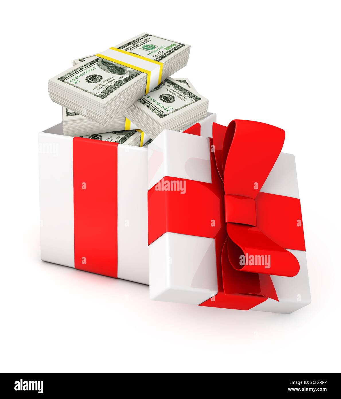 Confezione regalo piena di banconote in dollari isolate su bianco Foto Stock