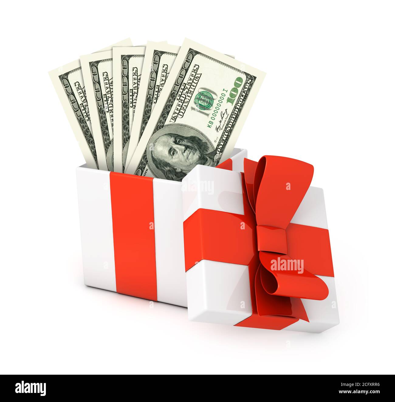 Confezione regalo con banconote in dollari isolate su bianco Foto Stock