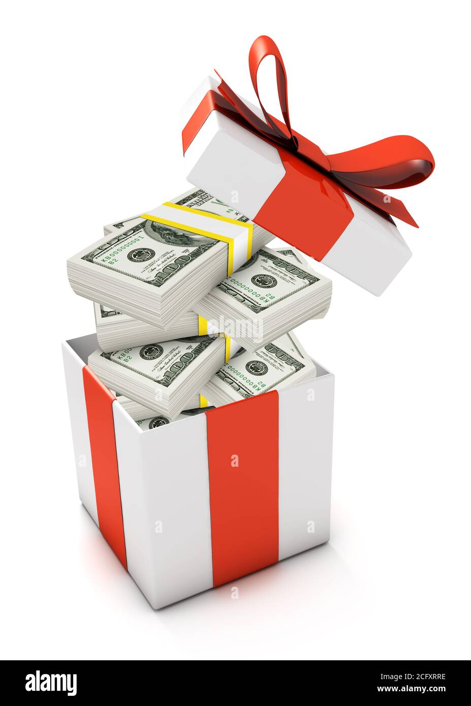 Confezione regalo piena di banconote in dollari isolate su bianco Foto Stock