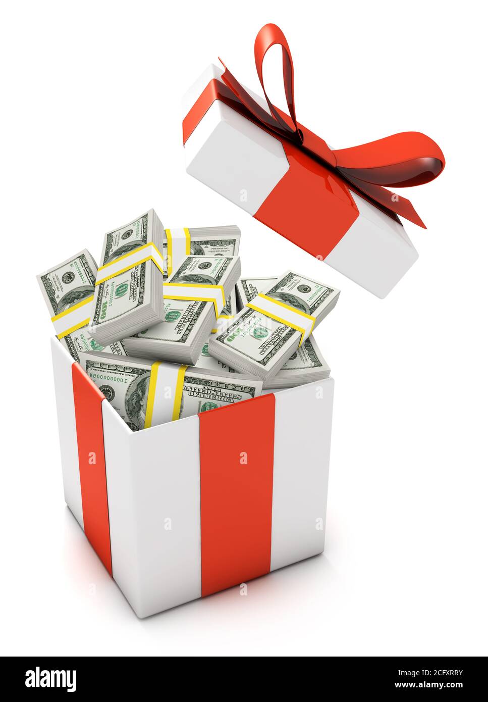 Confezione regalo piena di banconote in dollari isolate su bianco Foto Stock