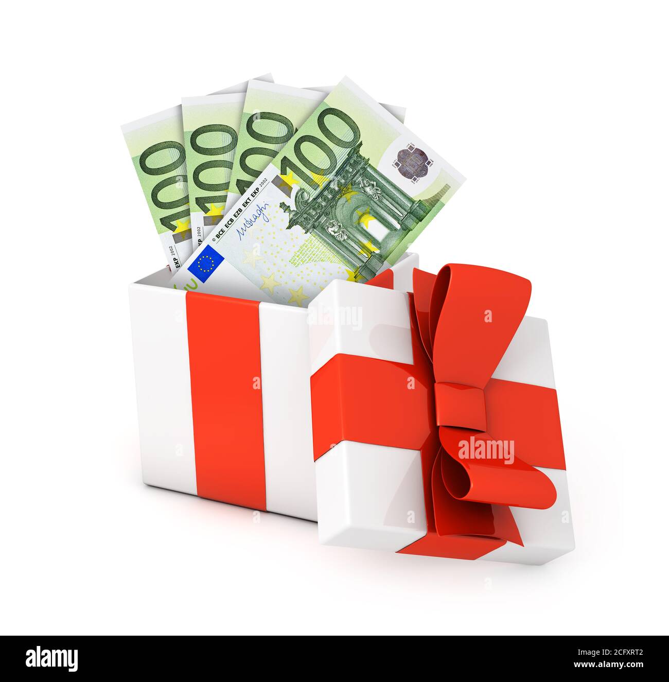 Confezione regalo con banconote in euro isolate su bianco Foto Stock