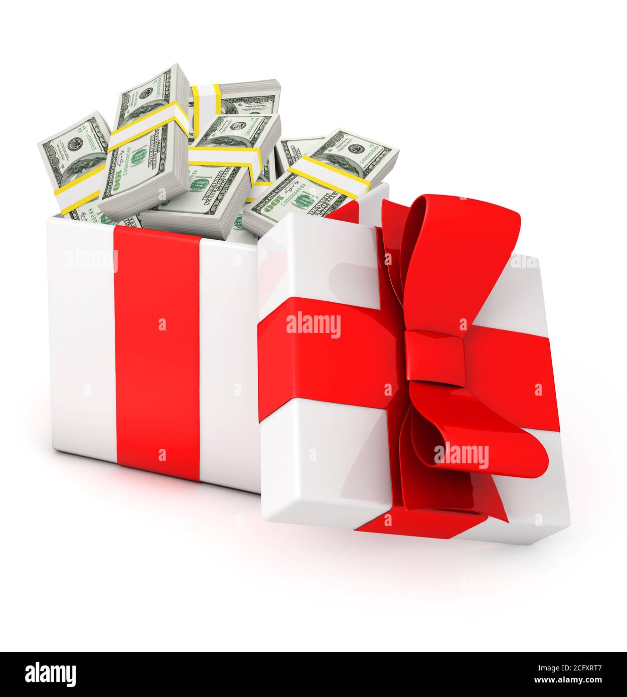 Confezione regalo piena di banconote in dollari isolate su bianco Foto Stock