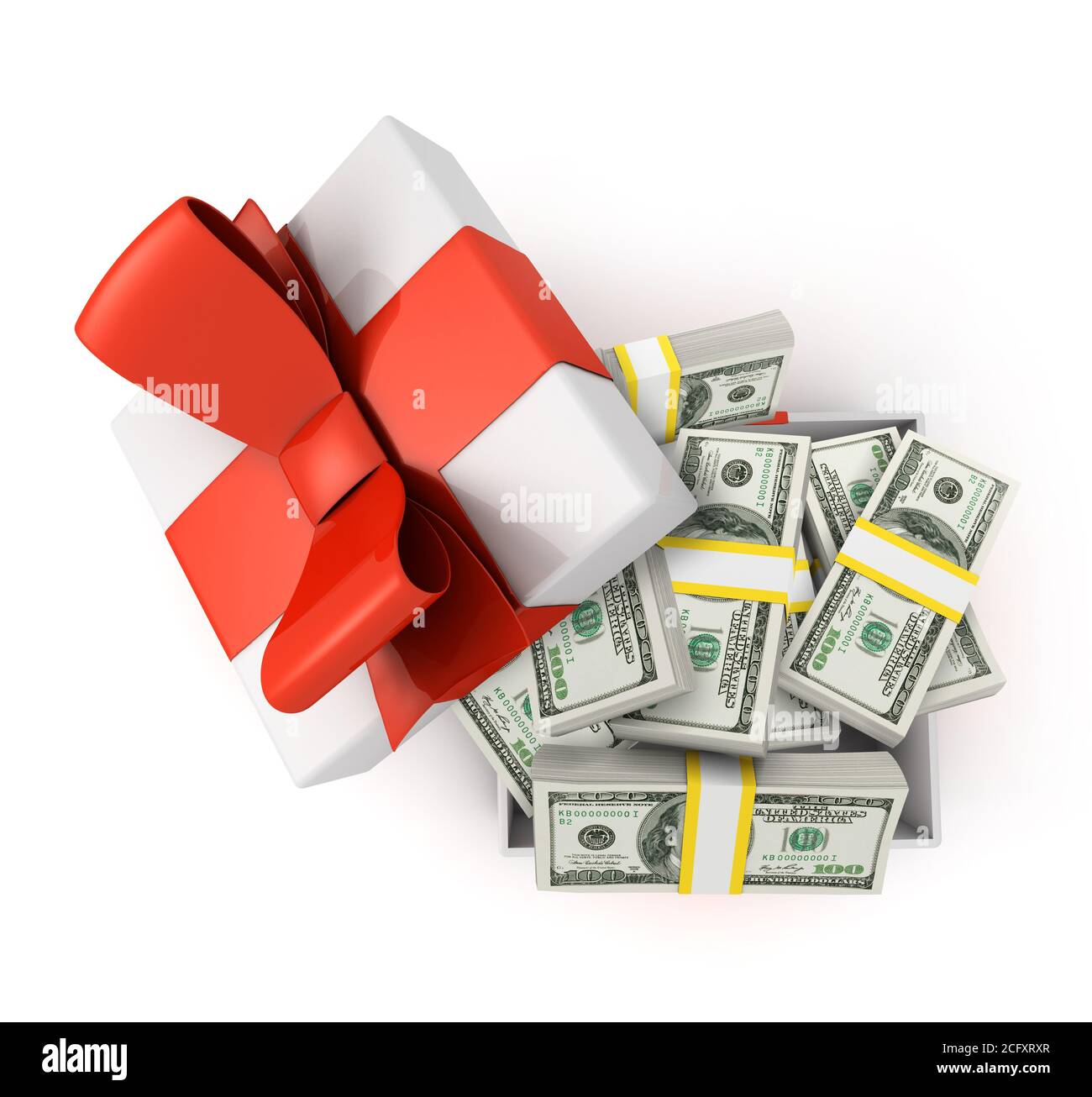 Confezione regalo piena di banconote in dollari isolate su bianco Foto Stock