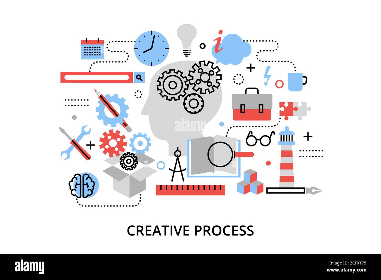 Moderno disegno piano sottile illustrazione vettoriale, concetto di processo creativo, definizione e ricerca problema, per grafica e web design Illustrazione Vettoriale