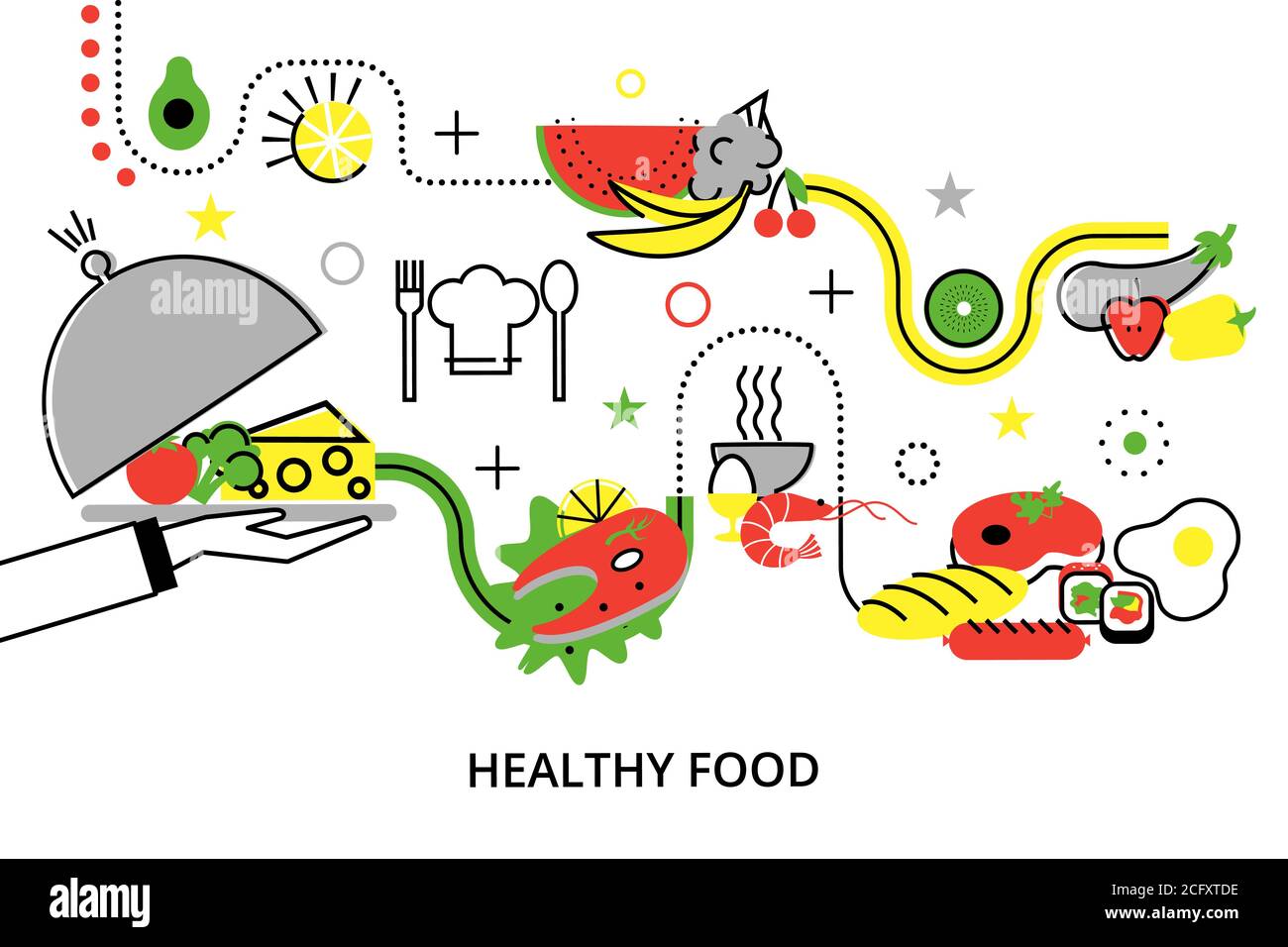 Moderno disegno piatto sottile illustrazione vettoriale, concetti di sano cibo fatto in casa e pasti da ristorante, per grafica e web design Illustrazione Vettoriale