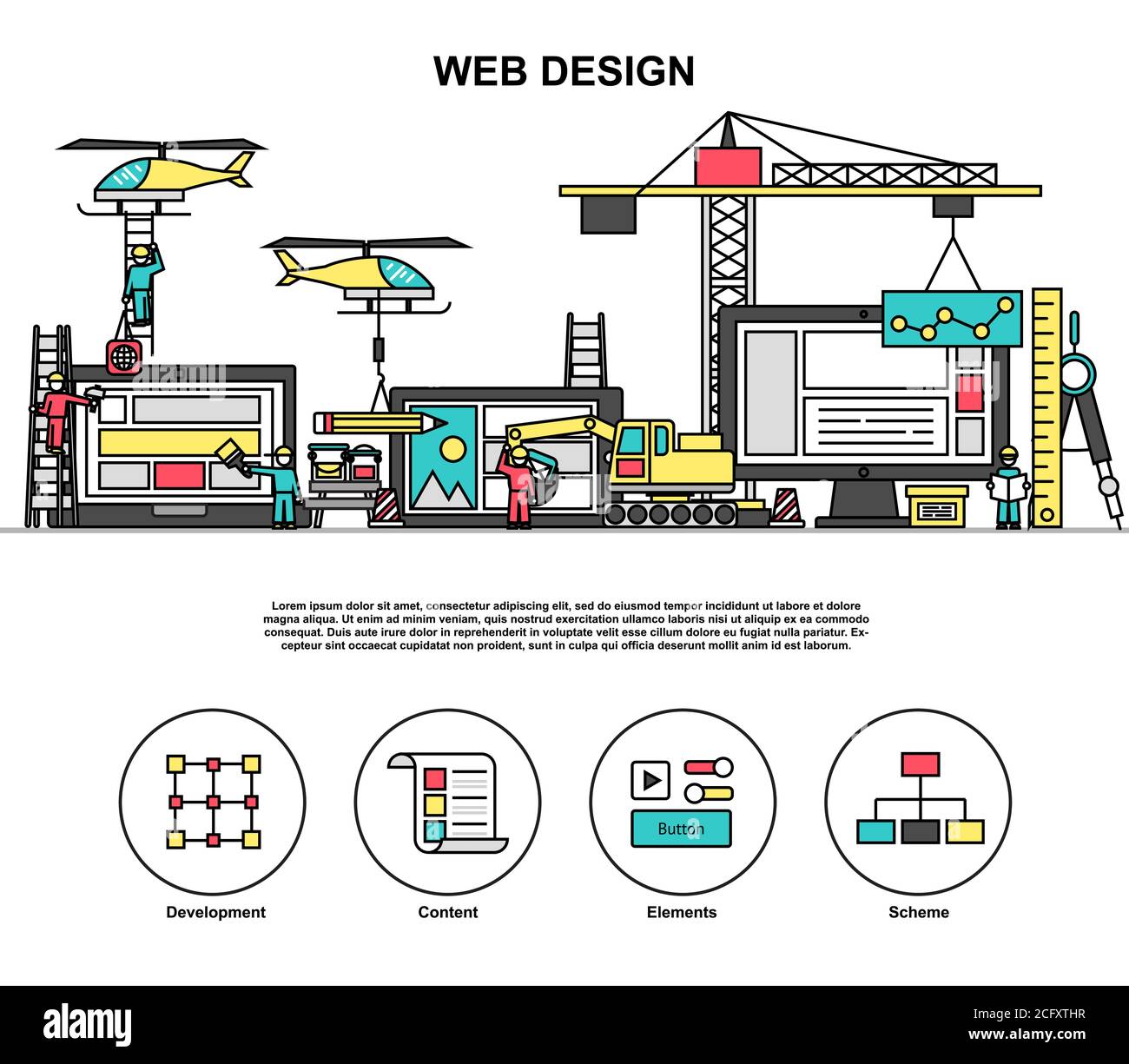 Vettore di linea piatta modificabile moderno di abstact web design processo, la codifica e lo sviluppo di siti internet Illustrazione Vettoriale