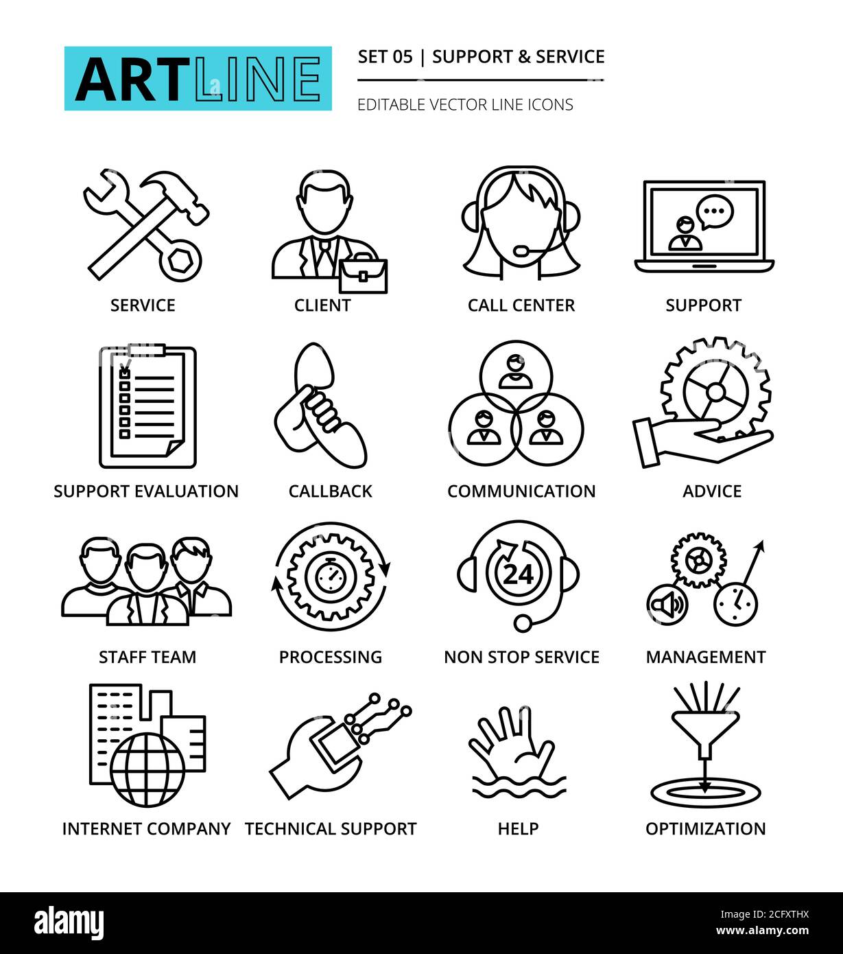 Moderna illustrazione vettoriale a linee modificabile, insieme di servizi di società internet e di icone di supporto clienti, per grafica e web design Illustrazione Vettoriale