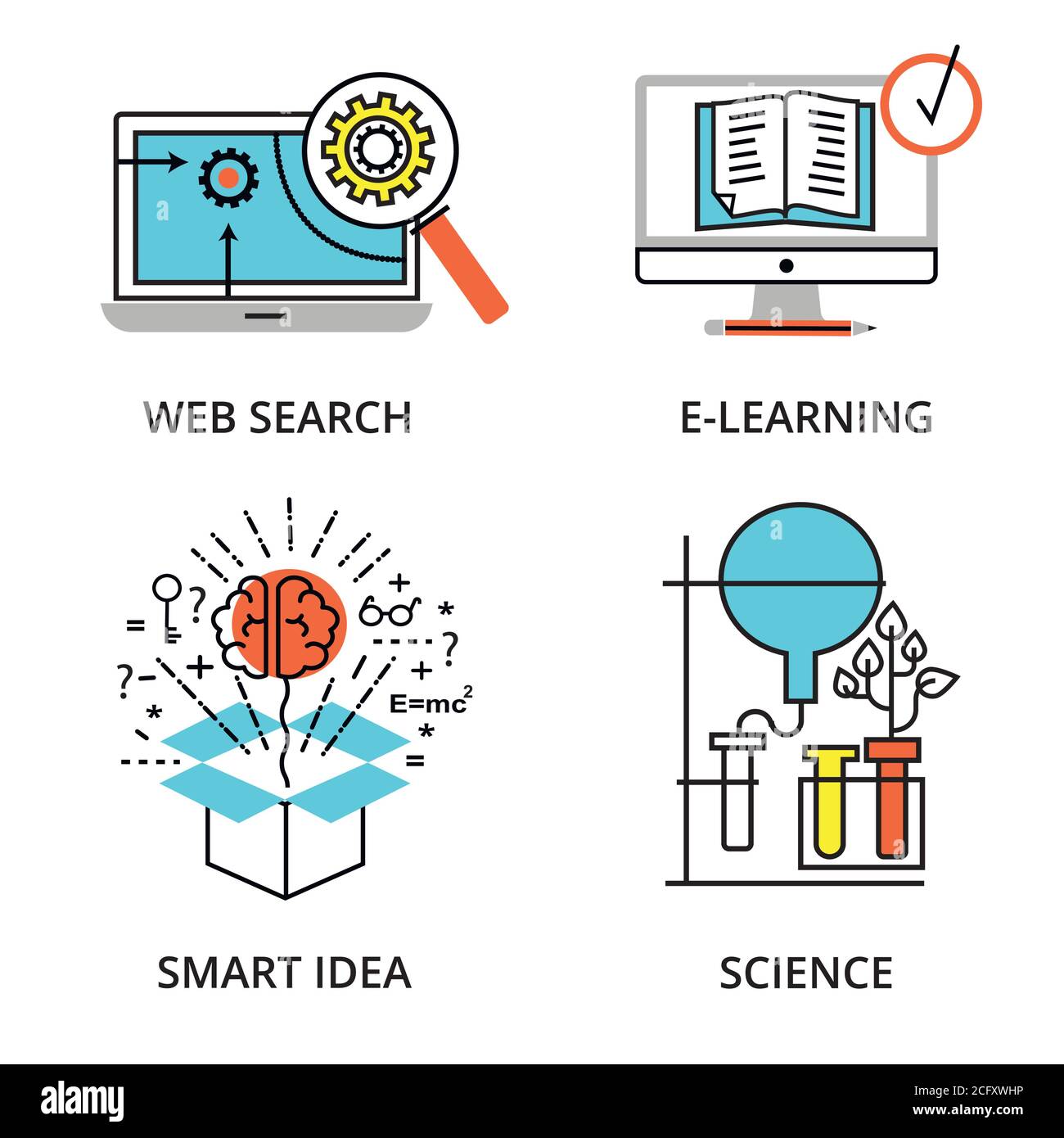 Illustrazione vettoriale, insieme di concetti, ricerca web, e-learning e idea intelligente per il design grafico e web Illustrazione Vettoriale