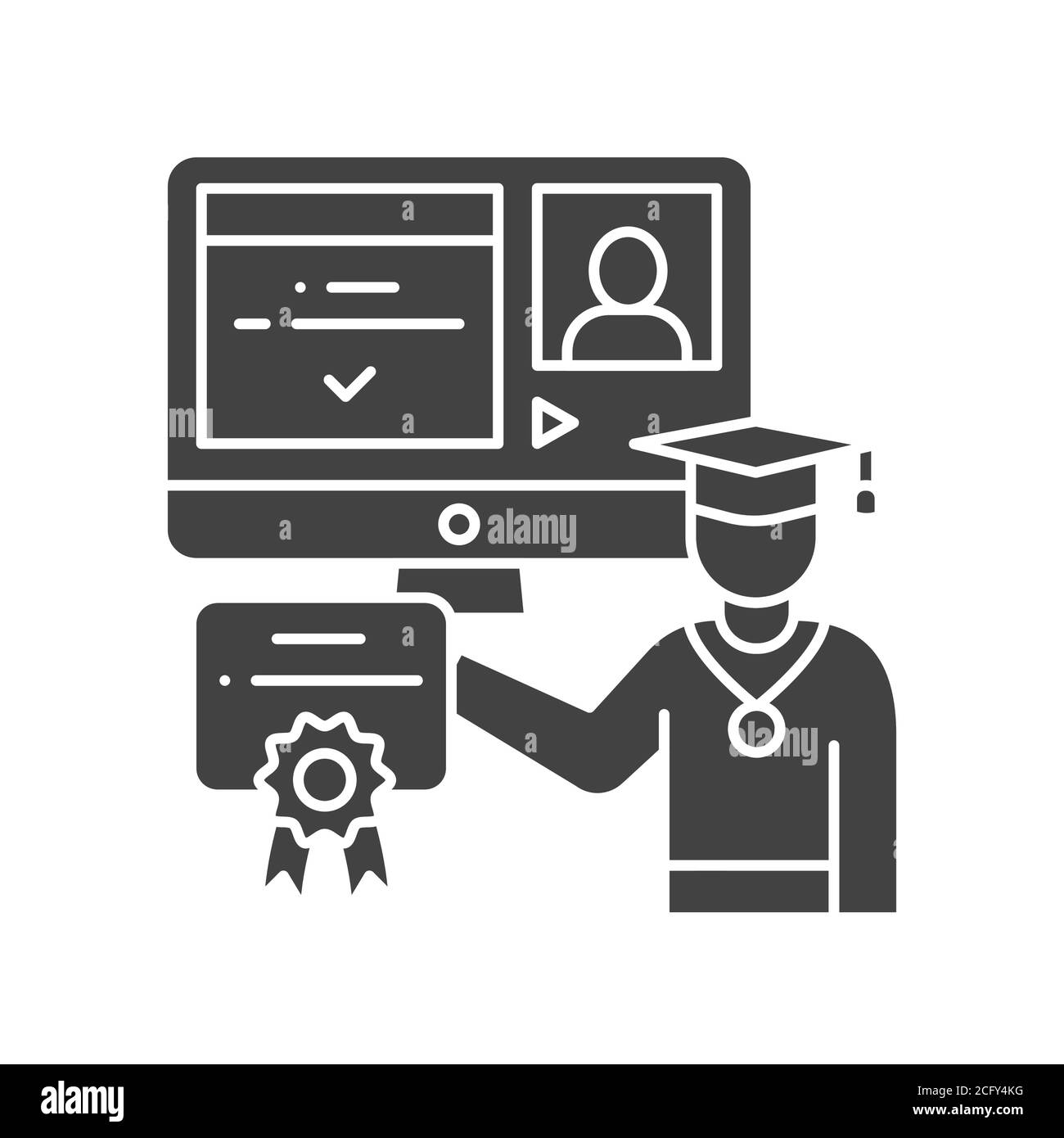 Icona glifo nero e-learning. Concetto di Web site in linea di formazione. Programma di studio, corsi. Tempo libero a casa. Illustrazione vettoriale isolata. Illustrazione Vettoriale