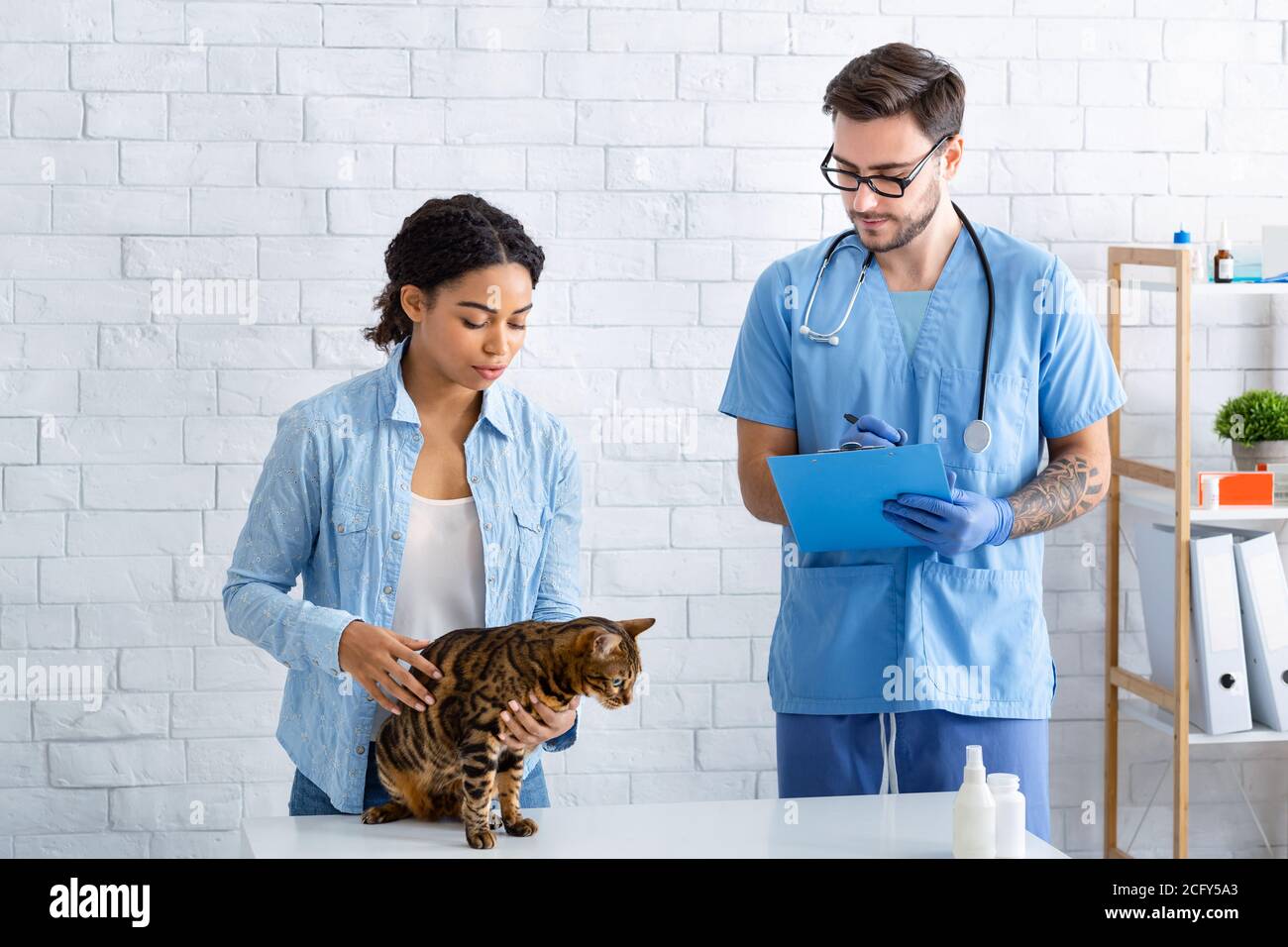 Ragazza nera con gatto tabby in visita al medico veterinario in ospedale animale Foto Stock